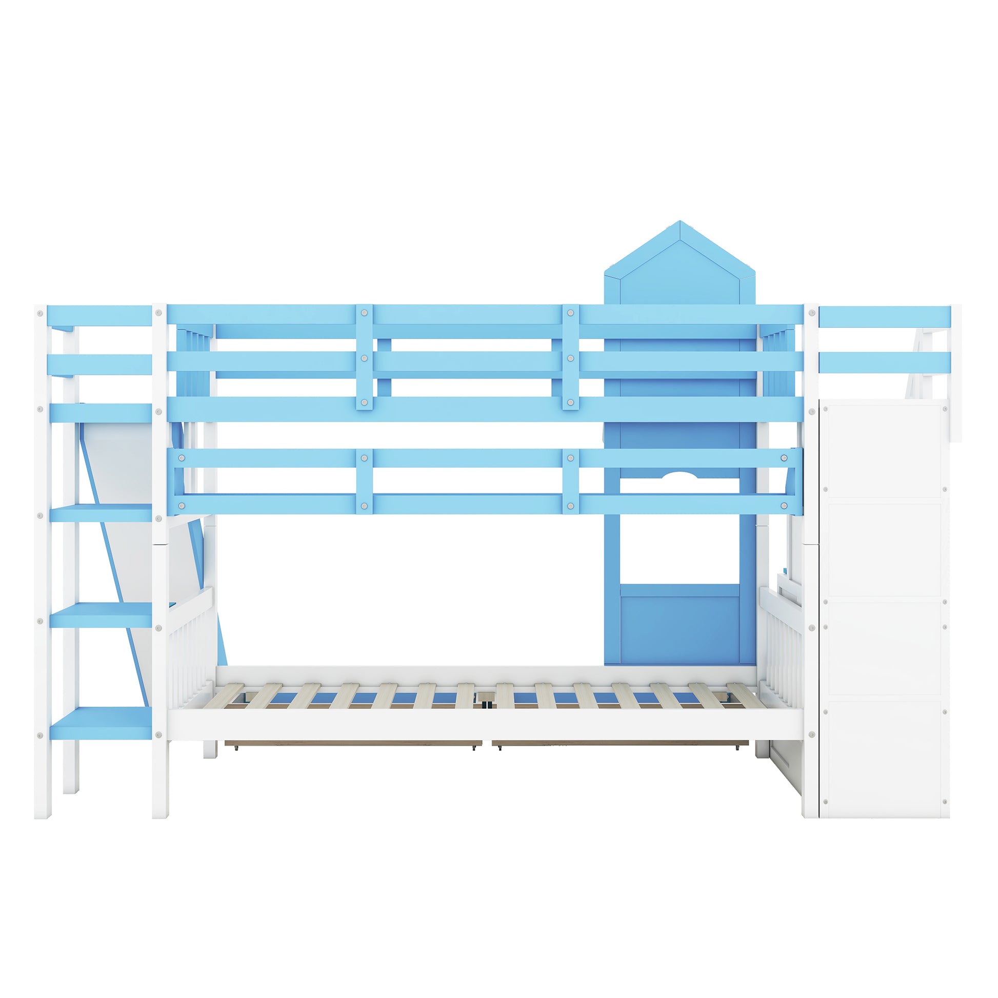 Twin Over Twin Castle Style Bunk Bed With 2 Drawers 3 Shelves And Slide Blue Blue Solid Wood