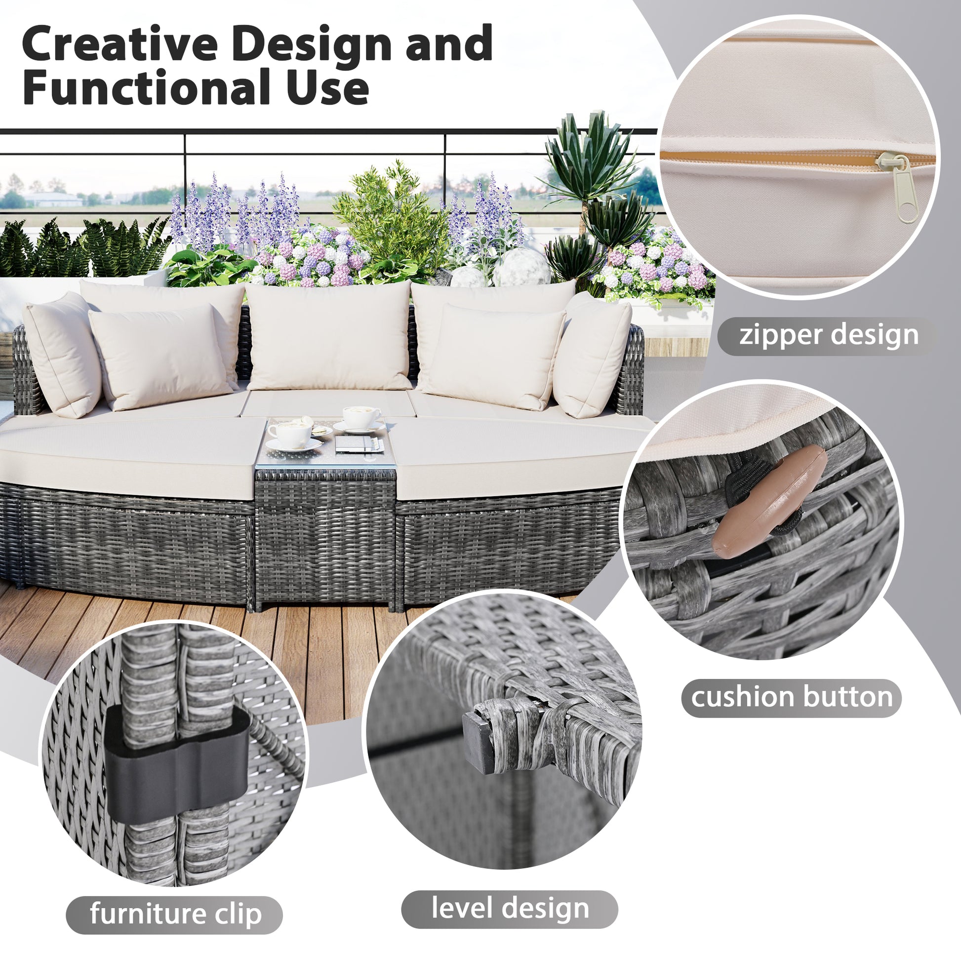 6 Piece Patio Outdoor Conversation Round Sofa Set, Pe Wicker Rattan Separate Seating Group With Coffee Table, Beige Yes Deep Seating Beige Weather Resistant Frame Water Resistant Cushion Garden & Outdoor Sofa Seating Groups Foam Rattan