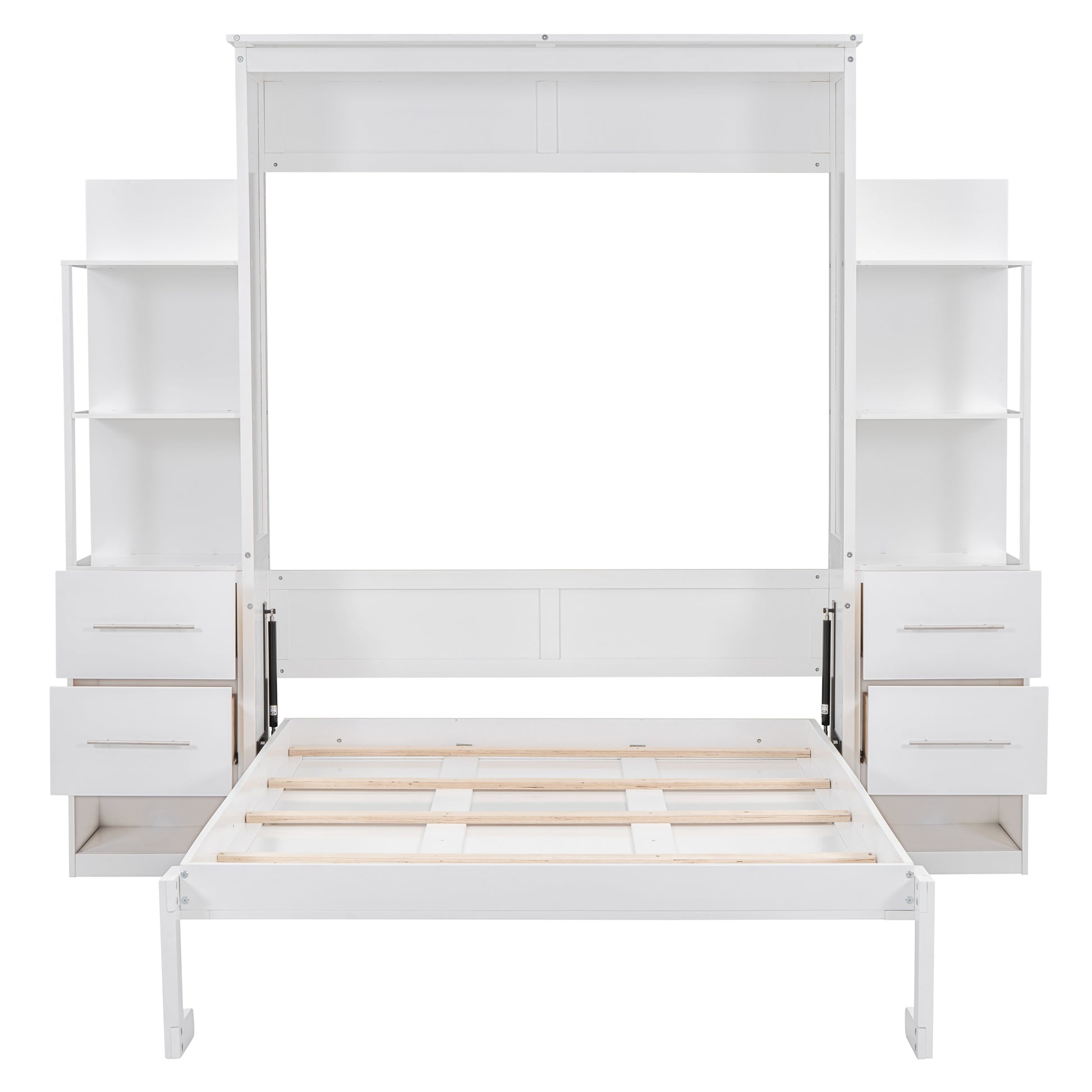 Full Size Murphy Bed Wall Bed With Shelves, Drawers And Led Lights,White White Mdf Lvl