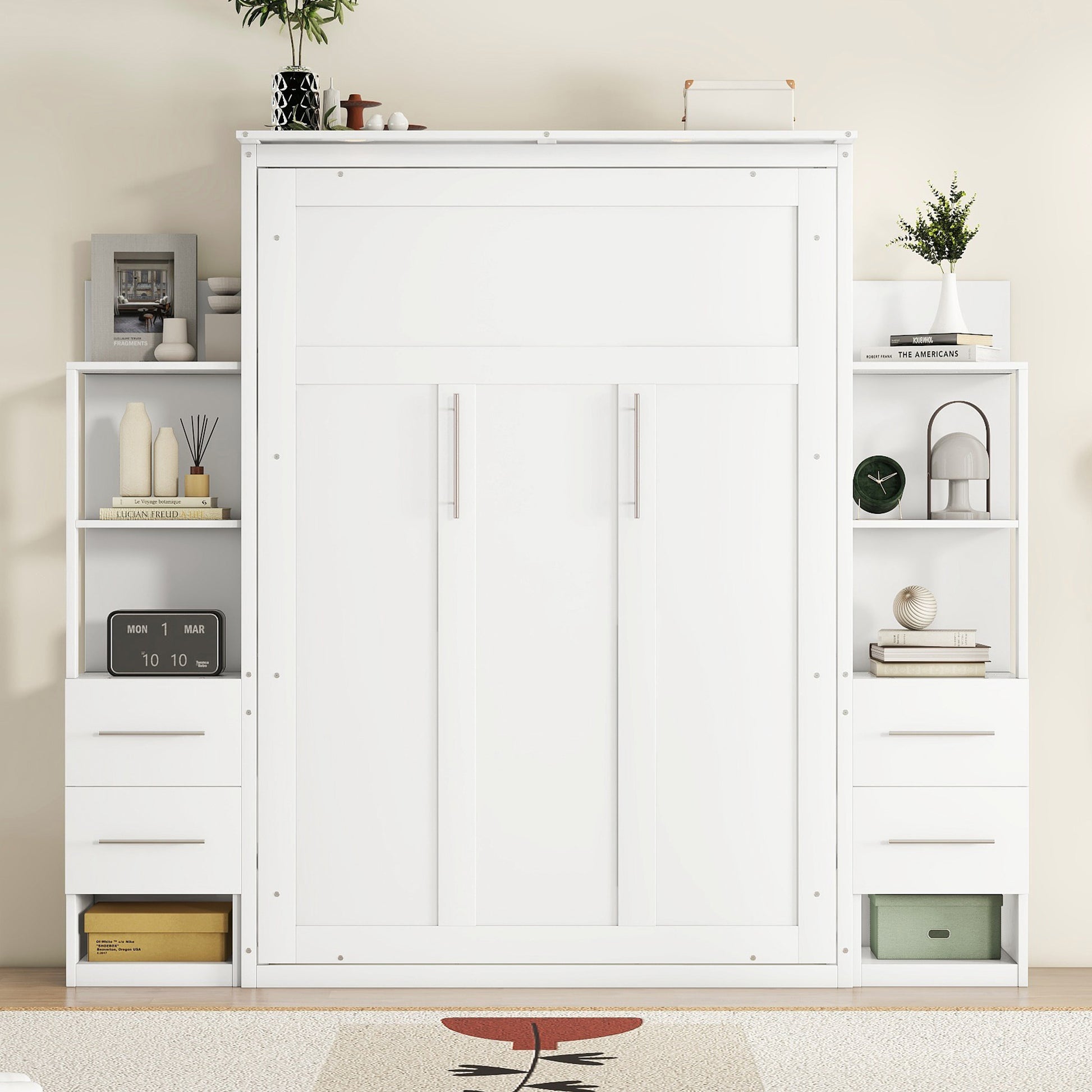 Full Size Murphy Bed Wall Bed With Shelves, Drawers And Led Lights,White White Mdf Lvl