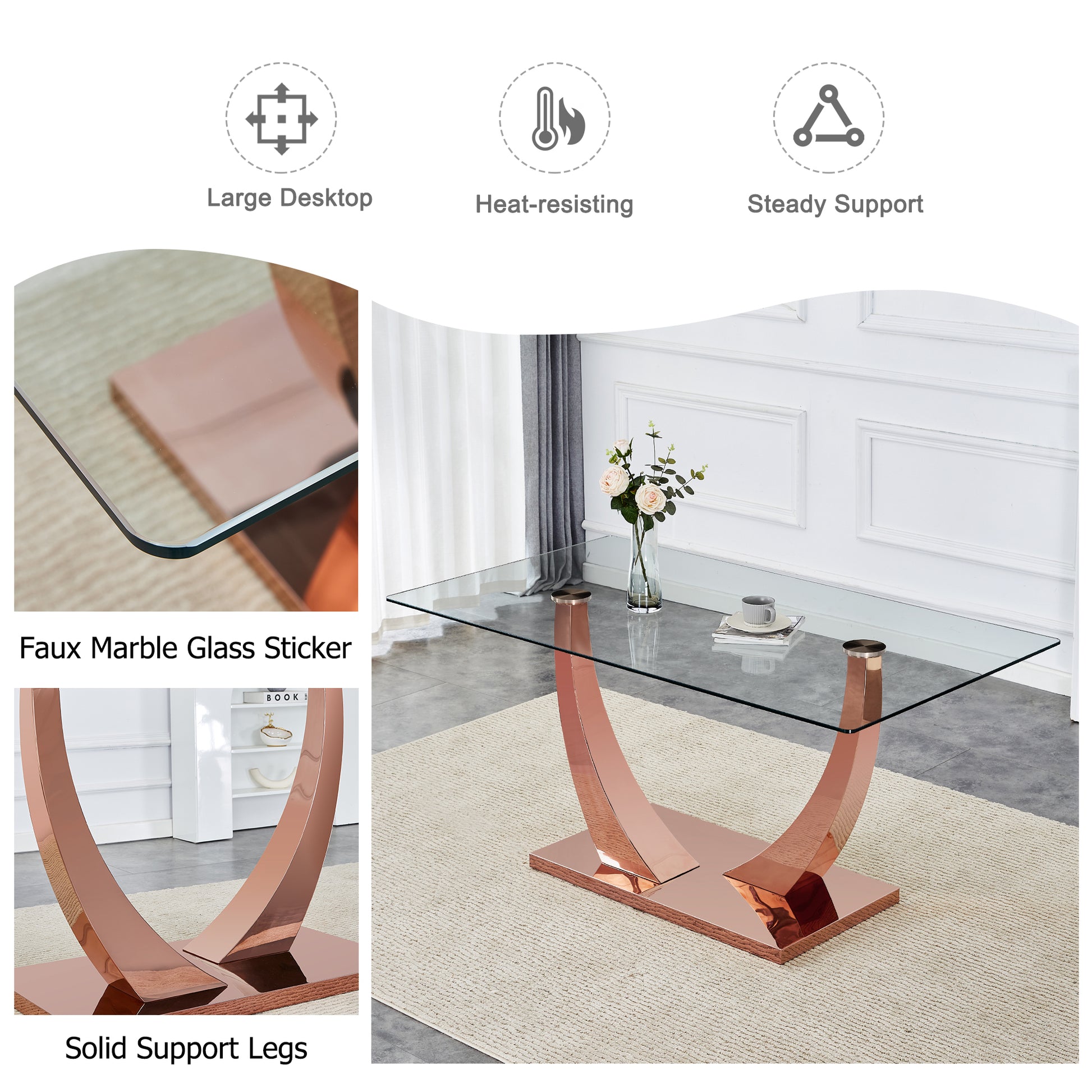 Modern Minimalist Rectangular Glass Dining Table, 0.4 "Thick, Tempered Glass Tabletop, Rose Gold Colored Legs. Used In Kitchen, Dining Room, And Living Room 63" * 31.5 "* 29.5" F 1548 Rose Gold Glass