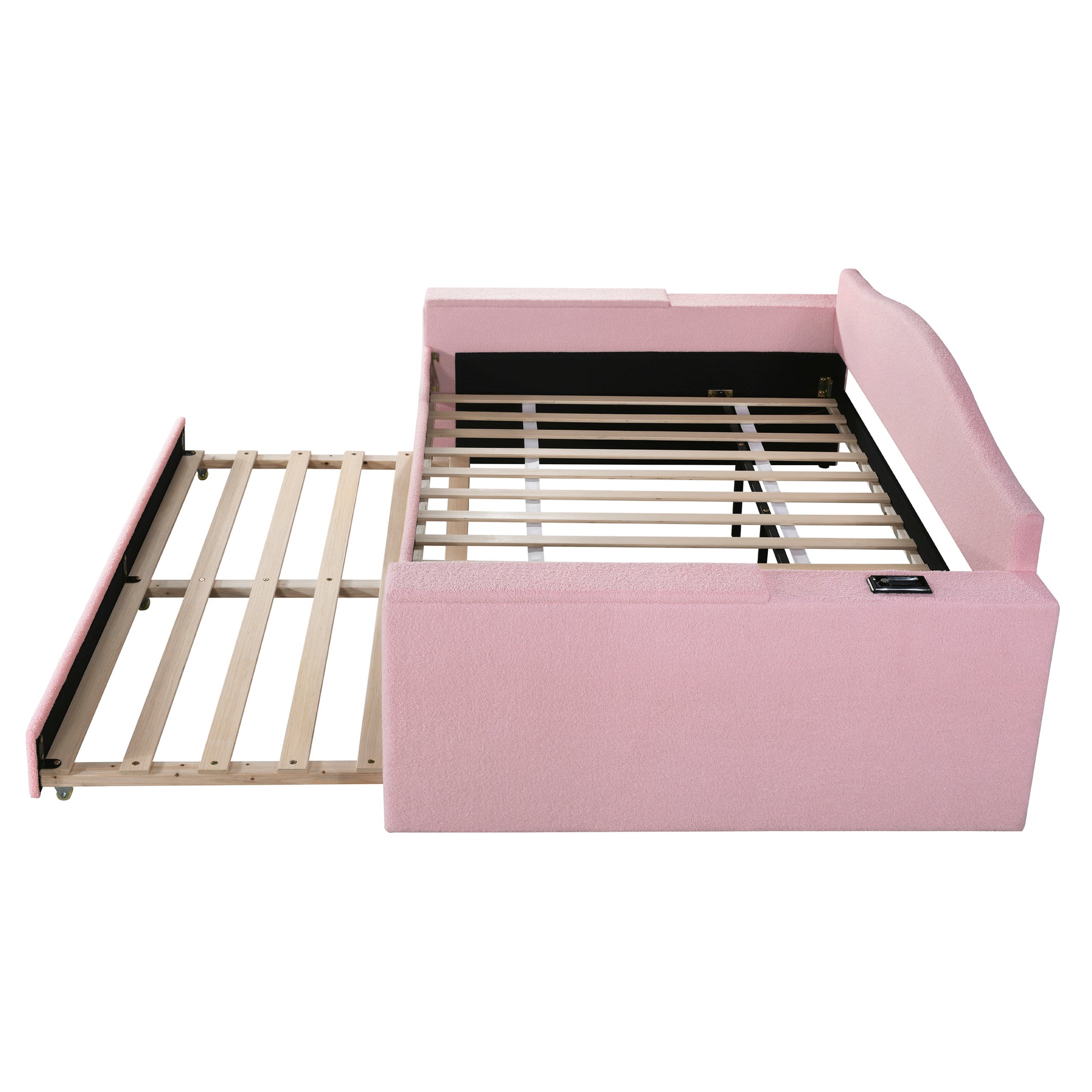 Full Size Upholstered Daybed With Storage Armrests, Trundle And Latest Integrated Bluetooth Audio System, Teddy Fleece, Pink Pink Fleece