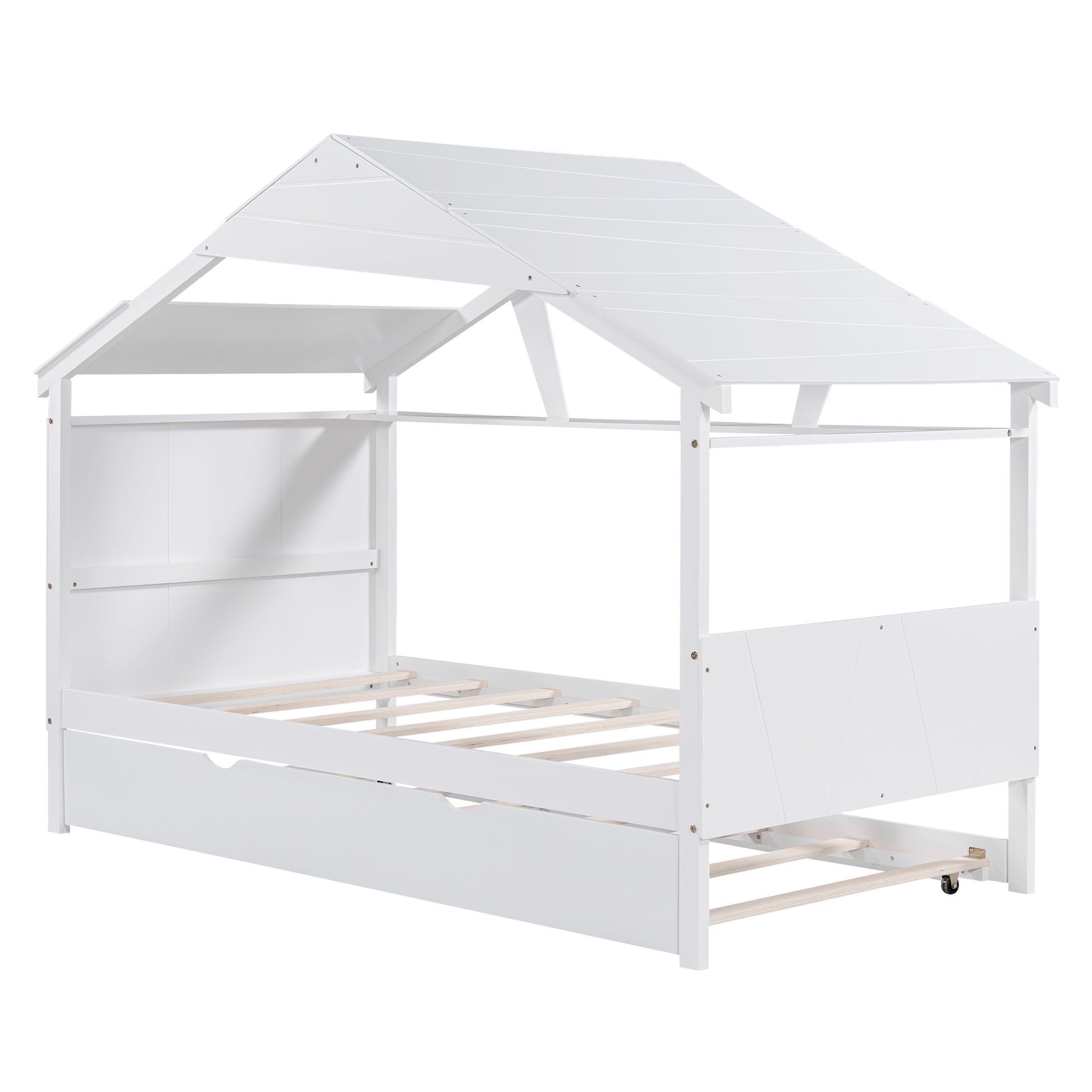Wood Twin Size House Bed With Trundle And Storage, White Box Spring Not Required Twin White Wood Bedroom Bed Frame Solid Wood Mdf