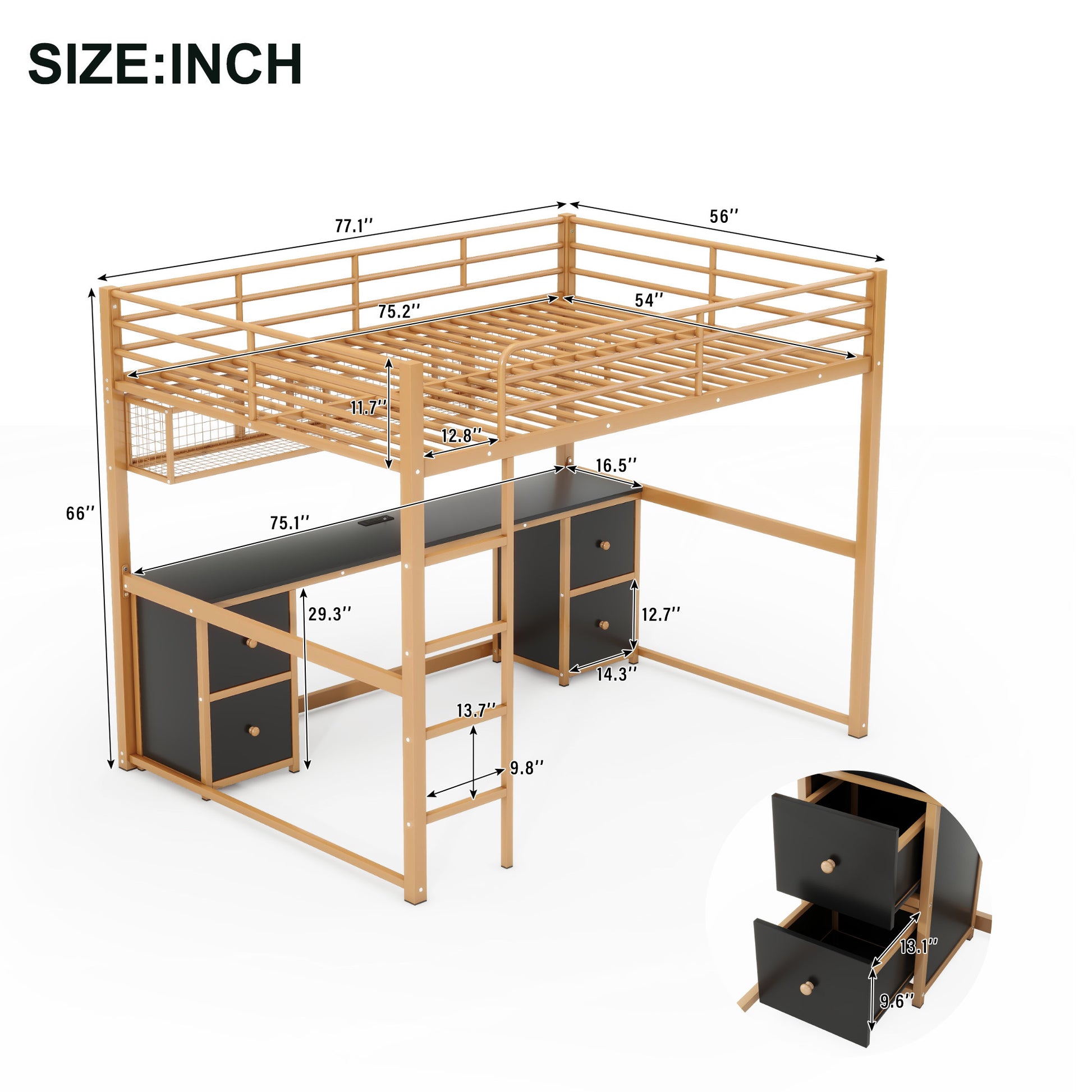 Full Size Metal Loft Bed With Desk, Drawers And Bedside Tray, Charging Station, Usb And Socket Full Gold Black Mdf Metal
