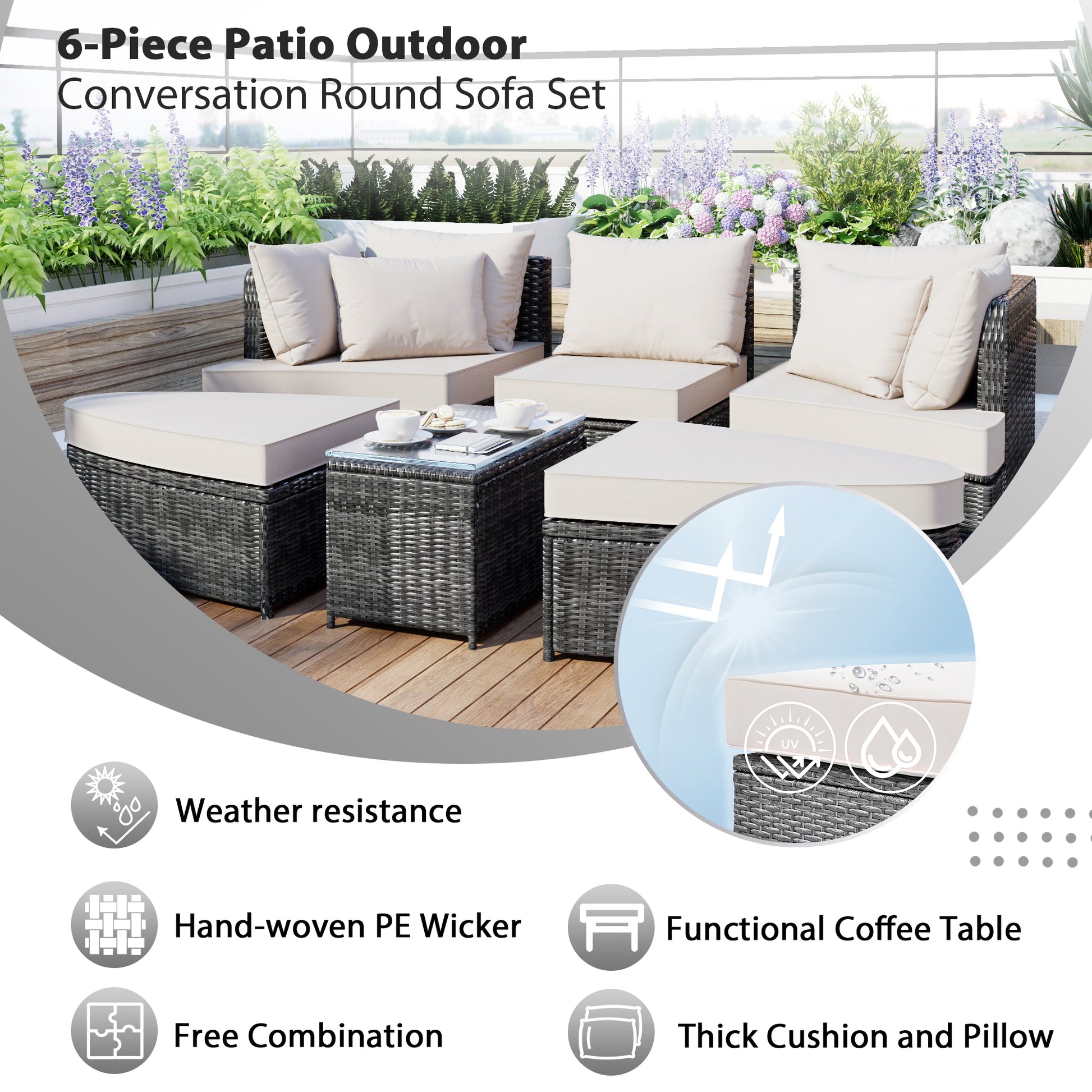 6 Piece Patio Outdoor Conversation Round Sofa Set, Pe Wicker Rattan Separate Seating Group With Coffee Table, Beige Yes Deep Seating Beige Weather Resistant Frame Water Resistant Cushion Garden & Outdoor Sofa Seating Groups Foam Rattan