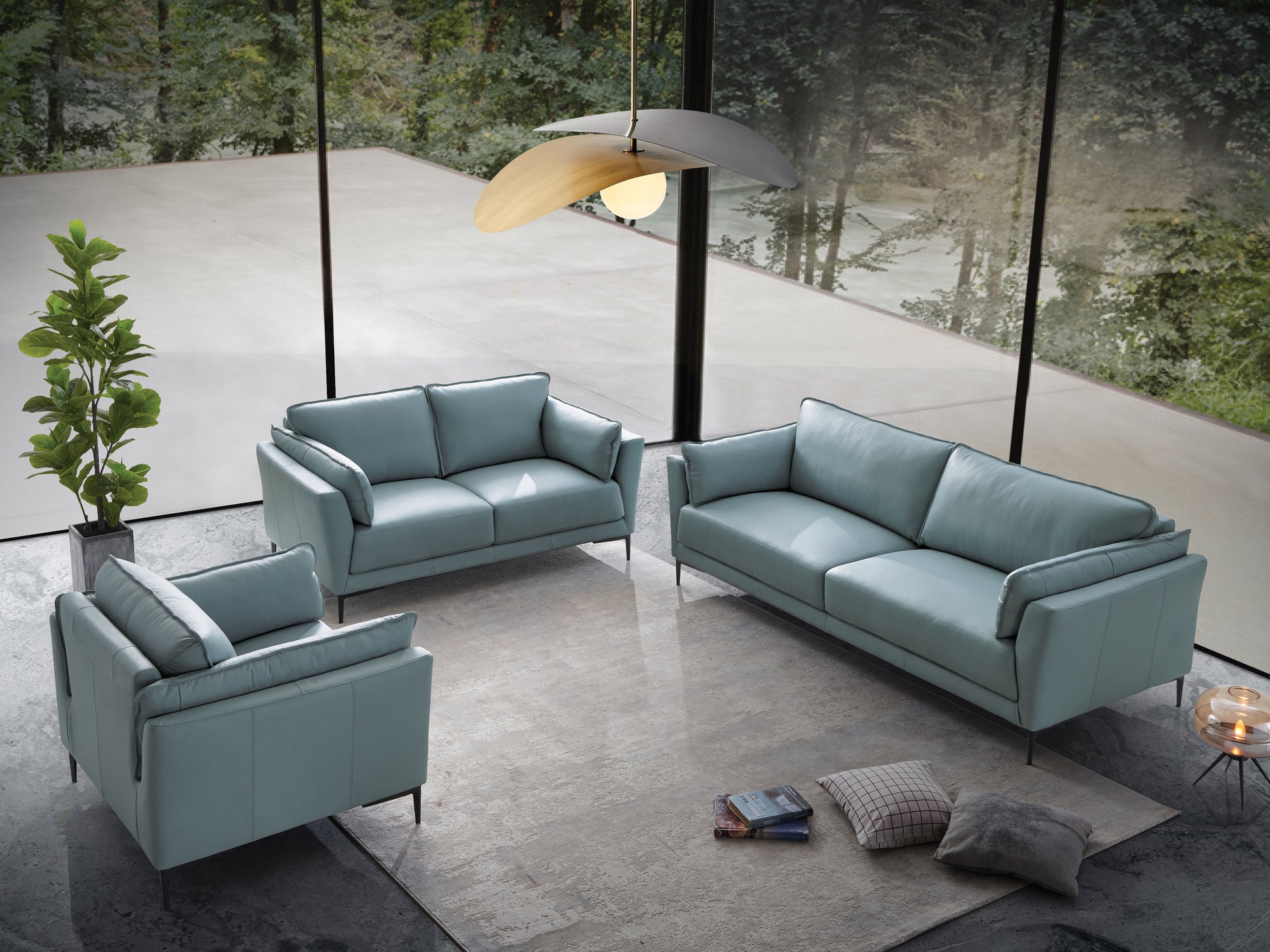 Mesut Sofa, Light Blue Top Grain Leather & Black Finish Lv02387 Light Blue Leather