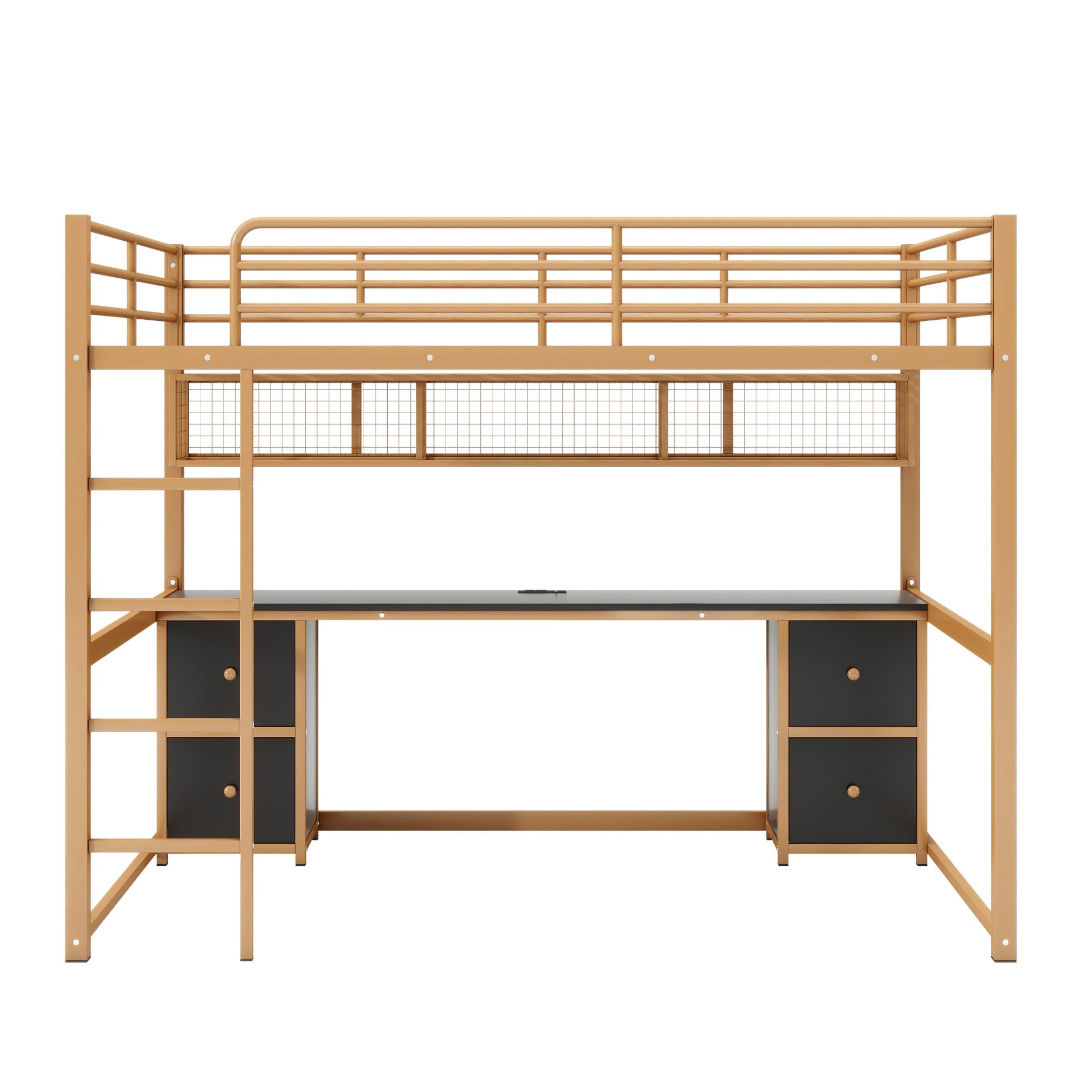 Full Size Metal Loft Bed With Desk, Drawers And Bedside Tray, Charging Station, Usb And Socket Full Gold Black Mdf Metal