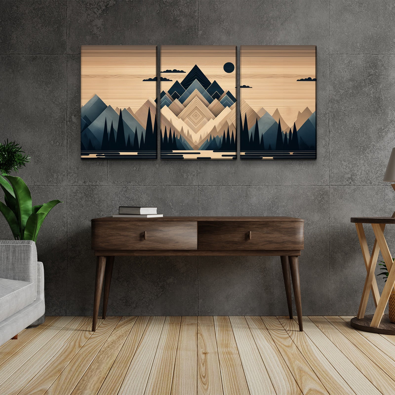 3 Panels Framed Abstract Wood Grain Boho Style Mountain & Forest Canvas Wall Art Decor,3 Pieces Mordern Canvas Decoration Painting For Office,Dining Room,Living Room, Bedroom Decor Ready To Hang