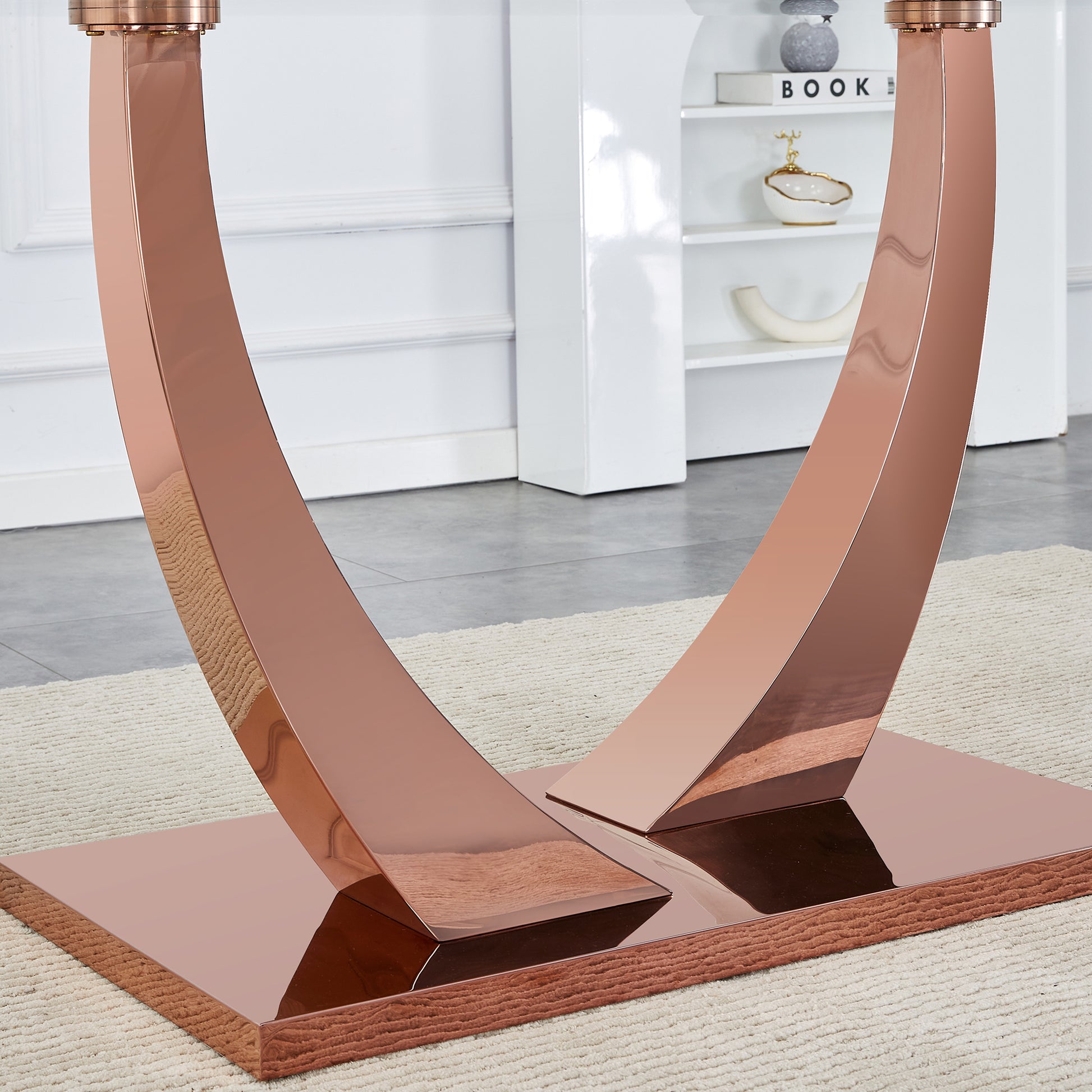 Modern Minimalist Rectangular Glass Dining Table, 0.4 "Thick, Tempered Glass Tabletop, Rose Gold Colored Legs. Used In Kitchen, Dining Room, And Living Room 63" * 31.5 "* 29.5" F 1548 Rose Gold Glass