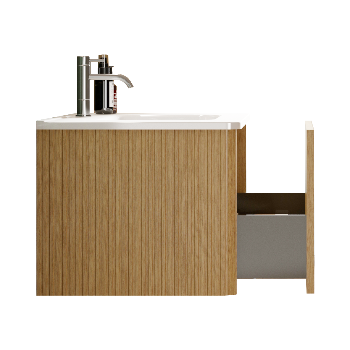 U049 Etna30W 306 Etna 30" Striped Natural Oak Bathroom Vanity With White Ceramic Sink, Wall Mounted Floating Bathroom Vanity For Modern Bathroom, One Piece White Basin Without Drain, Pre Assembled White Oak Melamine