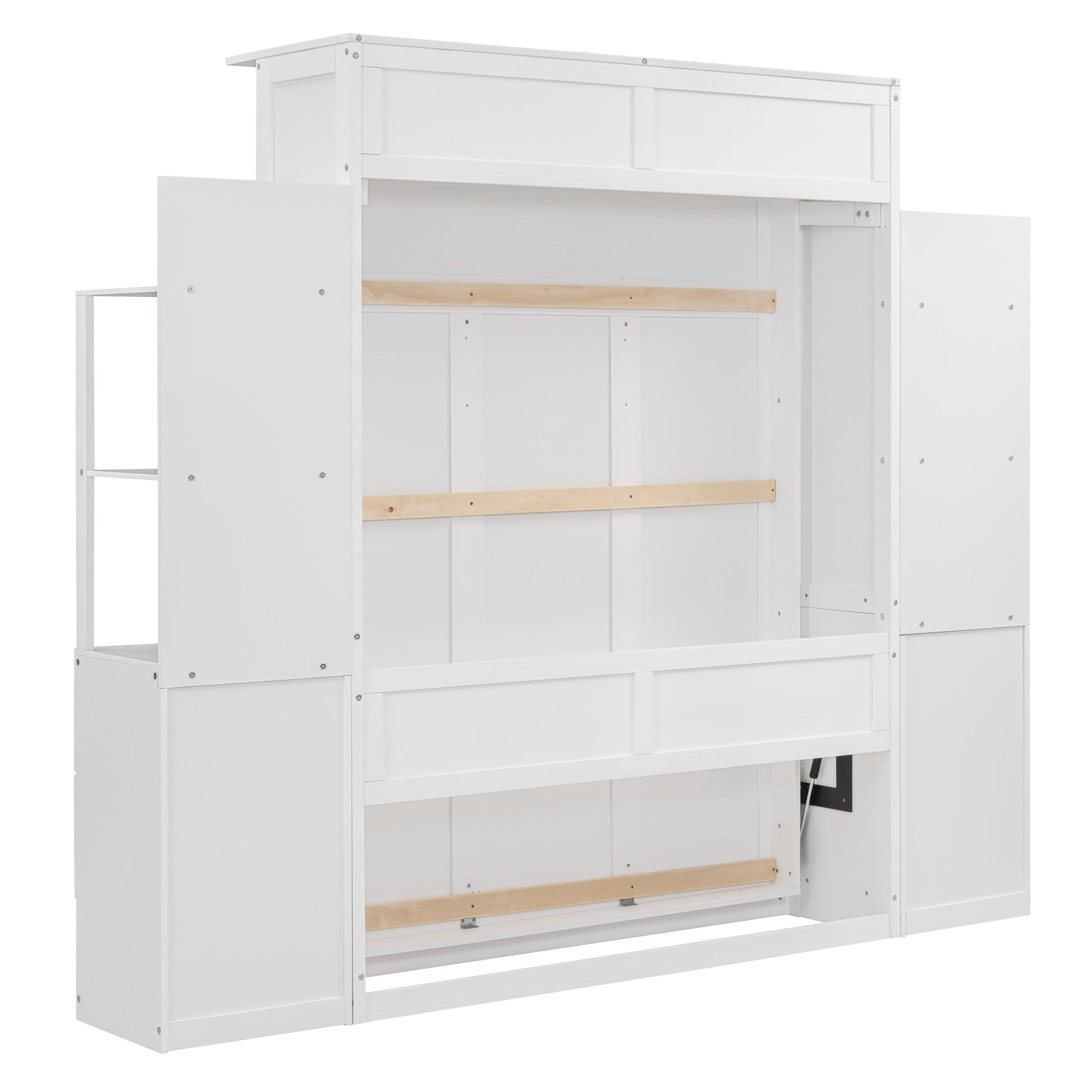 Full Size Murphy Bed Wall Bed With Shelves, Drawers And Led Lights,White White Mdf Lvl