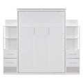 Full Size Murphy Bed Wall Bed With Shelves, Drawers And Led Lights,White White Mdf Lvl