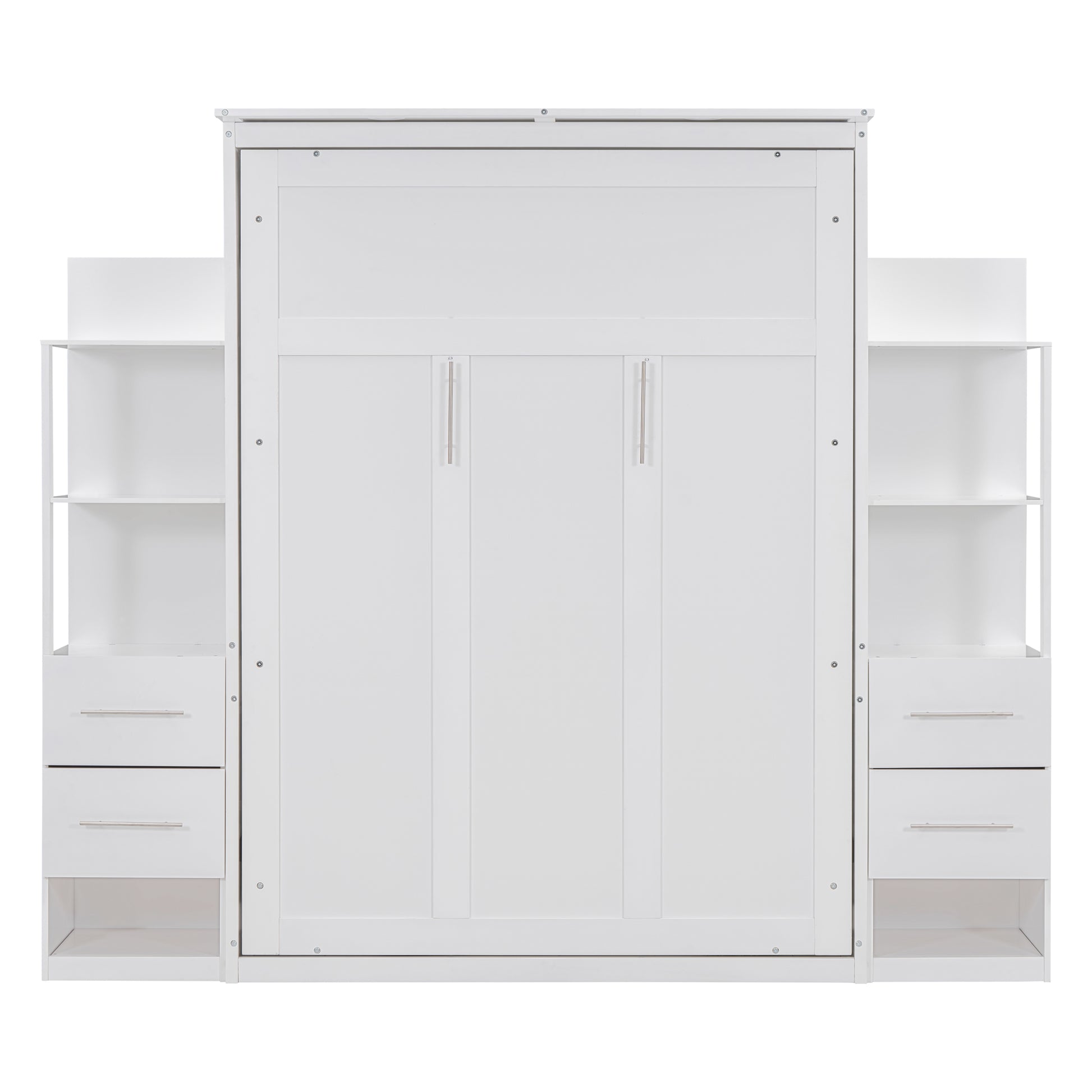 Full Size Murphy Bed Wall Bed With Shelves, Drawers And Led Lights,White White Mdf Lvl