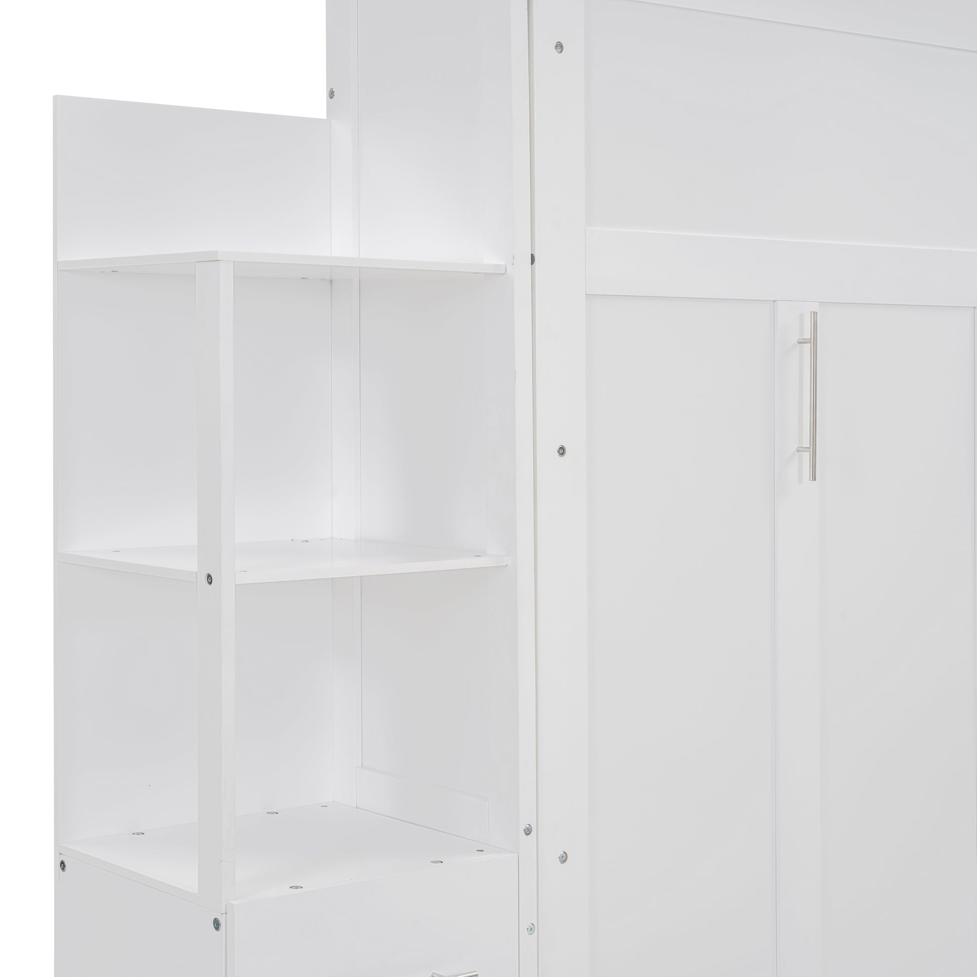 Full Size Murphy Bed Wall Bed With Shelves, Drawers And Led Lights,White White Mdf Lvl
