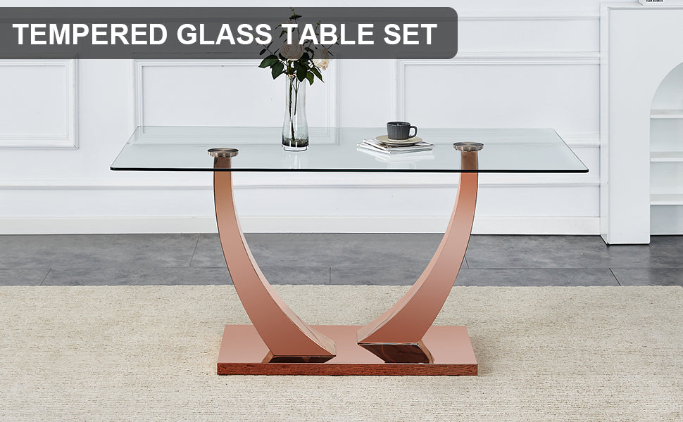 Modern Minimalist Rectangular Glass Dining Table, 0.4 "Thick, Tempered Glass Tabletop, Rose Gold Colored Legs. Used In Kitchen, Dining Room, And Living Room 63" * 31.5 "* 29.5" F 1548 Rose Gold Glass