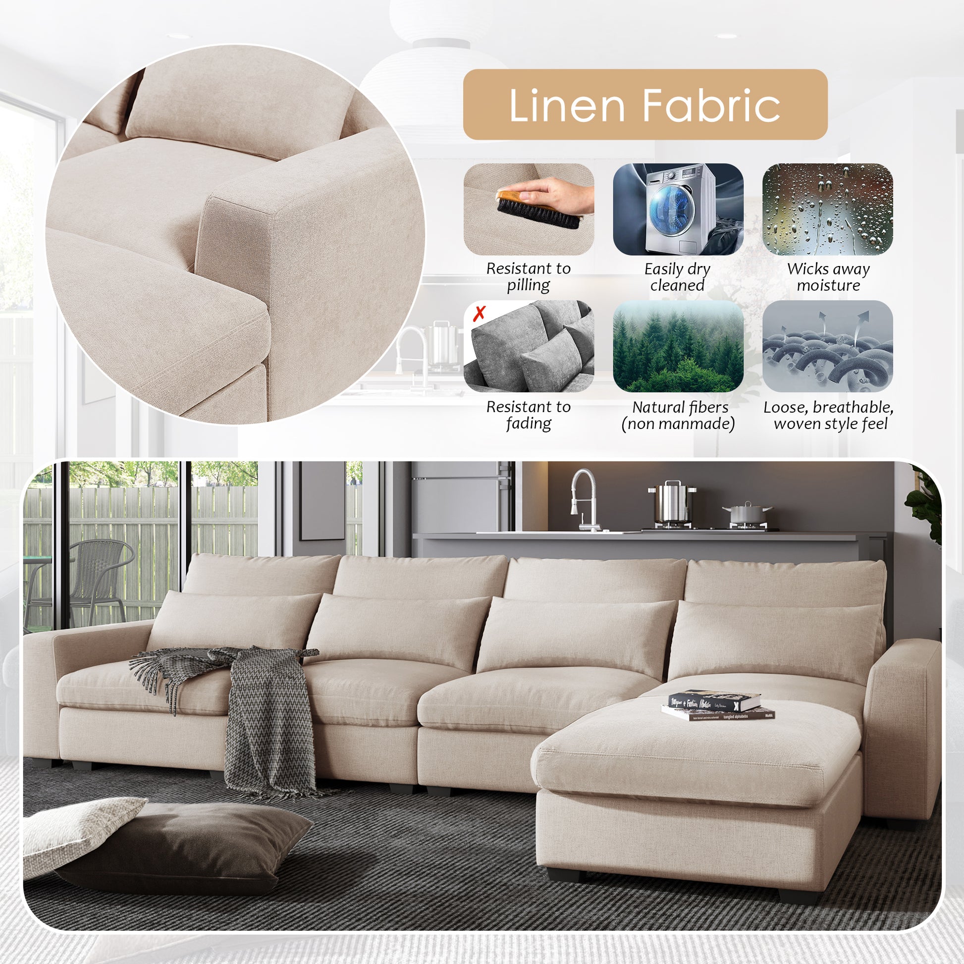 Modern Large L Shape Feather Filled Sectional Sofa, Convertible Sofa Couch With Reversible Chaise For Living Room Beige Chenille 5 Seat