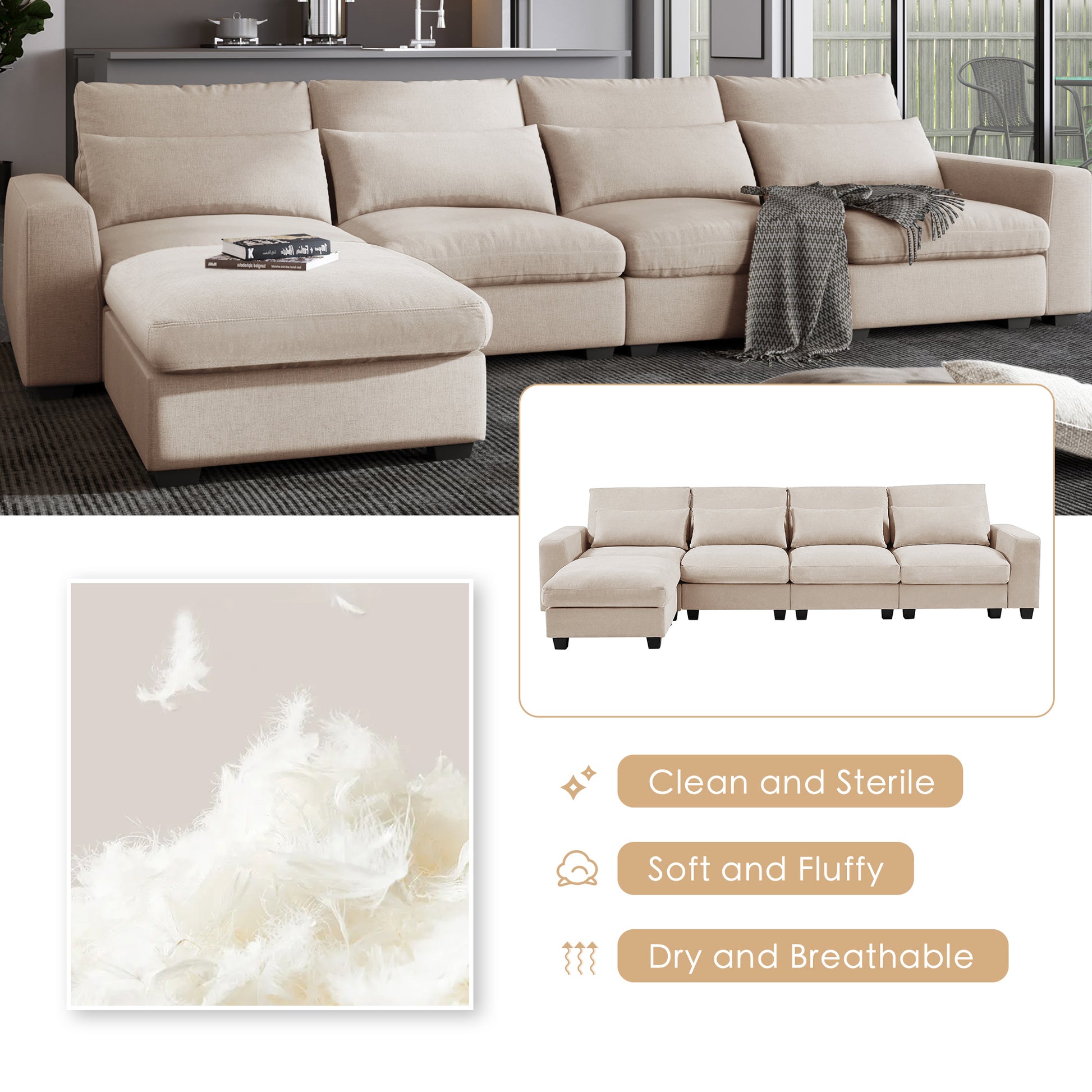 Modern Large L Shape Feather Filled Sectional Sofa, Convertible Sofa Couch With Reversible Chaise For Living Room Beige Chenille 5 Seat