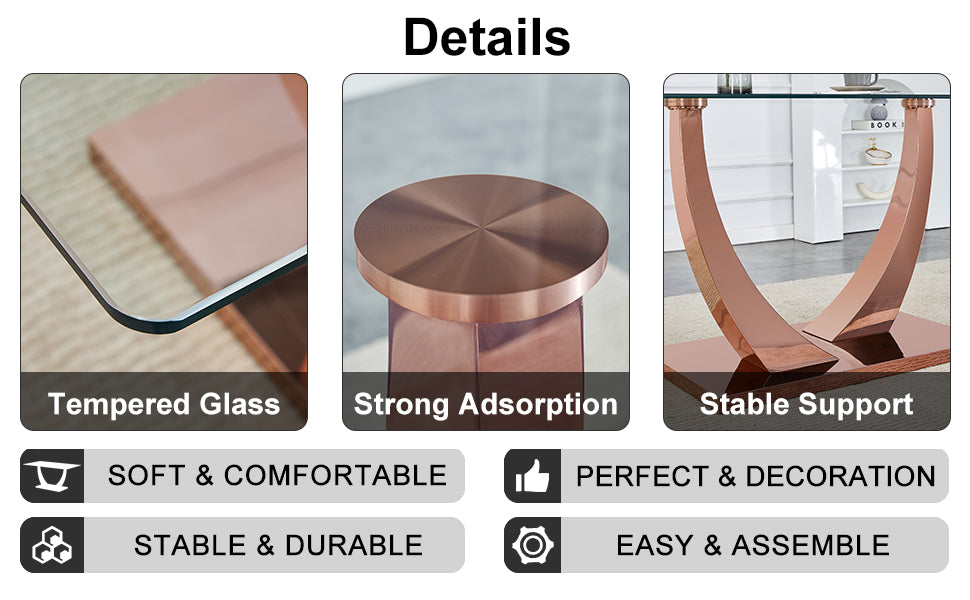 Modern Minimalist Rectangular Glass Dining Table, 0.4 "Thick, Tempered Glass Tabletop, Rose Gold Colored Legs. Used In Kitchen, Dining Room, And Living Room 63" * 31.5 "* 29.5" F 1548 Rose Gold Glass