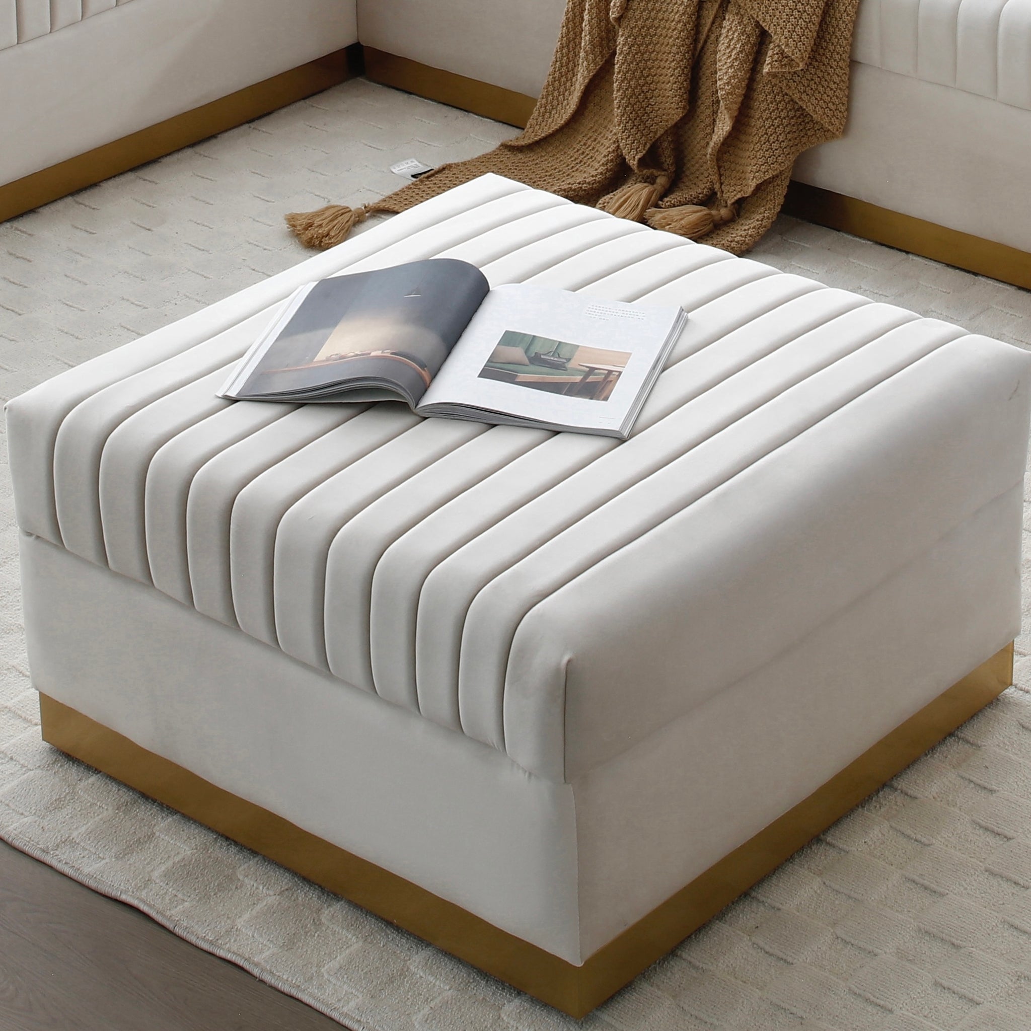 Contemporary Vertical Channel Tufted Velvet Big Size Ottoman Modern Upholstered Foot Rest For Living Room Apartment,Beige Beige Square Foam Velvet