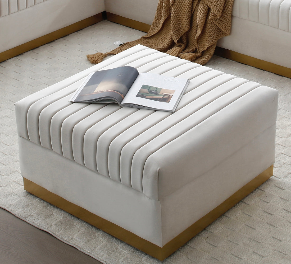 Contemporary Vertical Channel Tufted Velvet Big Size Ottoman Modern Upholstered Foot Rest For Living Room Apartment,Beige Beige Square Foam Velvet