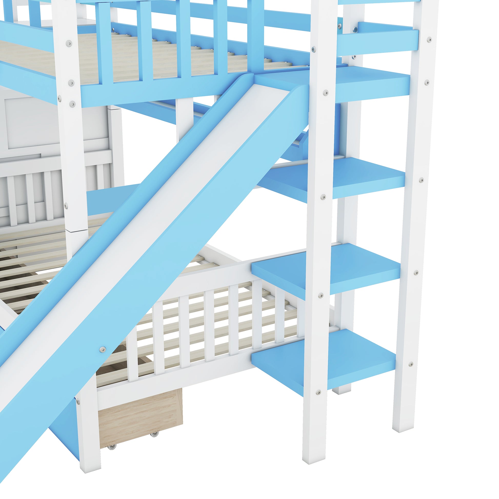 Twin Over Twin Castle Style Bunk Bed With 2 Drawers 3 Shelves And Slide Blue Blue Solid Wood