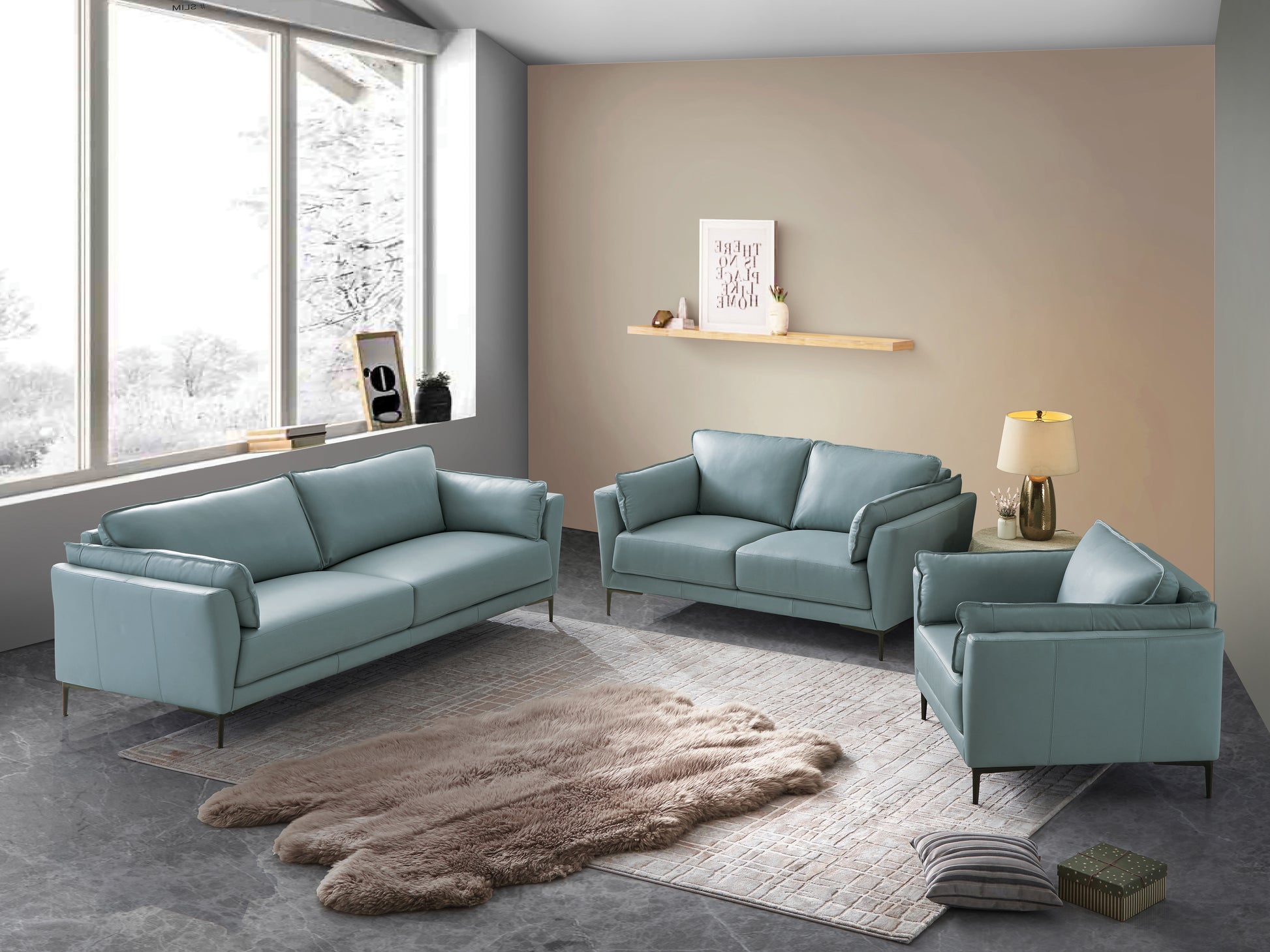Mesut Sofa, Light Blue Top Grain Leather & Black Finish Lv02387 Light Blue Leather