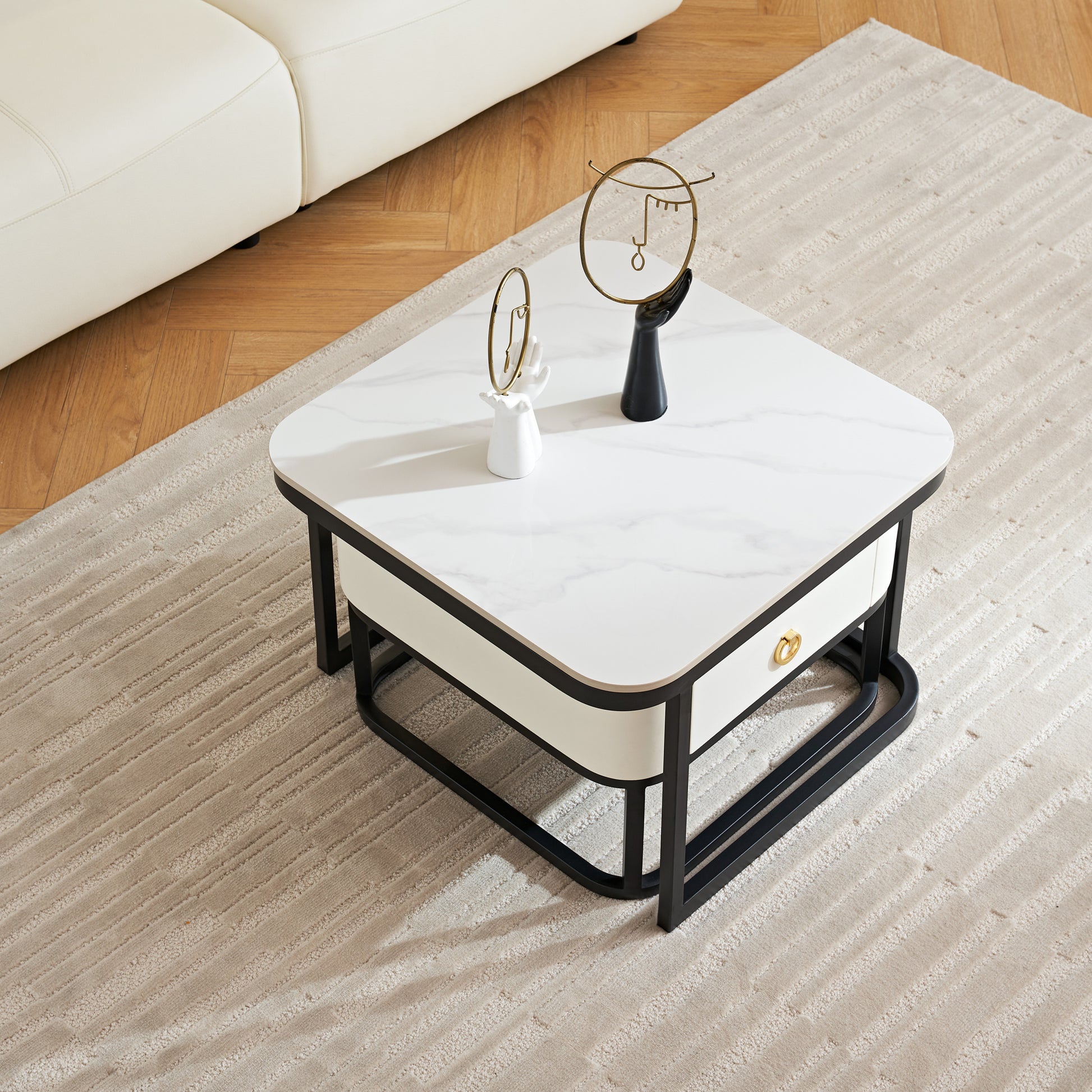 Modern Marble Nesting Table, Coffee Table Set Of 2 End Table For Living Room,Stacking Side Tables, For Living Room Bedroom, Accent Tea Table With Metal Frame, Sturdy And Easy Assembly, Black Black Sintered Stone