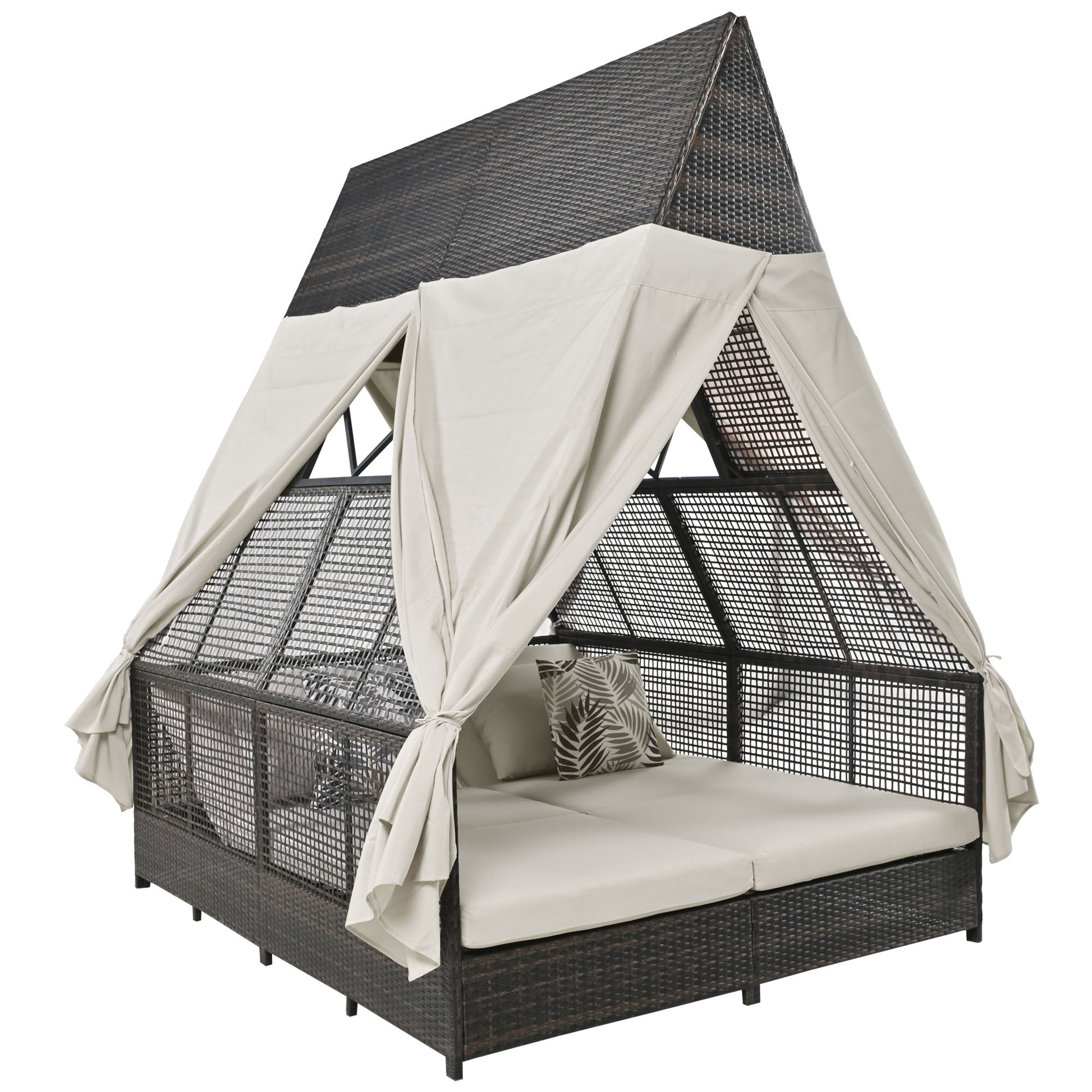 Outdoor Daybed Patio Lounge Bed With Adjustable Backrest Outdoor Double Sun Lounger With Curtains, 4 Pillows For Garden Patio Poolside Balcony Beach, Beige Yes Beige Water Resistant Frame Water Resistant Cushion Garden & Outdoor Sectional Seating Groups