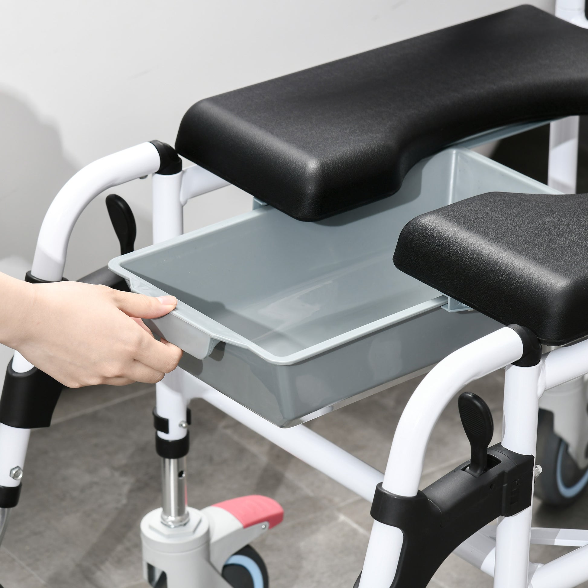 Accessibility Commode Wheelchair, Rolling Shower Wheelchair With 4 Castor Wheels, Rectangle Detachable Bucket, & Waterproof Design, 17" Seat Width, Black Black Pu Leather
