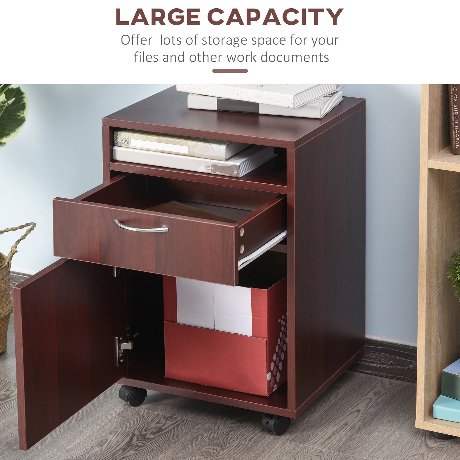 Mobile Storage Cabinet Organizer With Drawer And Cabinet, Printer Stand With Castors, Brown Brown Particle Board