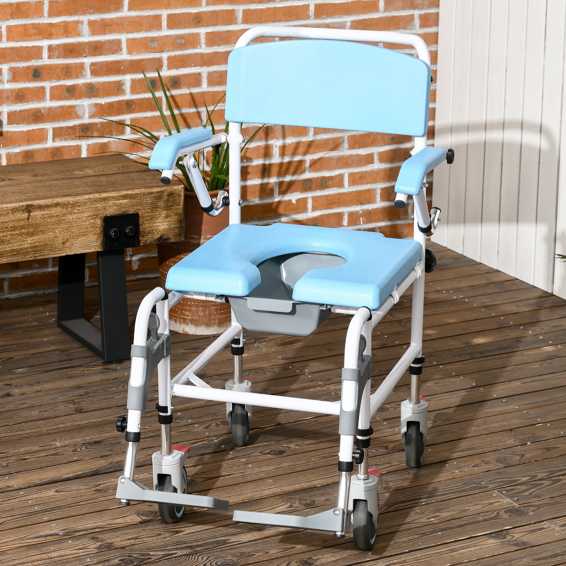 Accessibility Commode Wheelchair, Rolling Shower Wheelchair With 4 Castor Wheels, Rectangle Detachable Bucket, & Waterproof Design, 17" Seat Width, Blue Blue Pu Leather