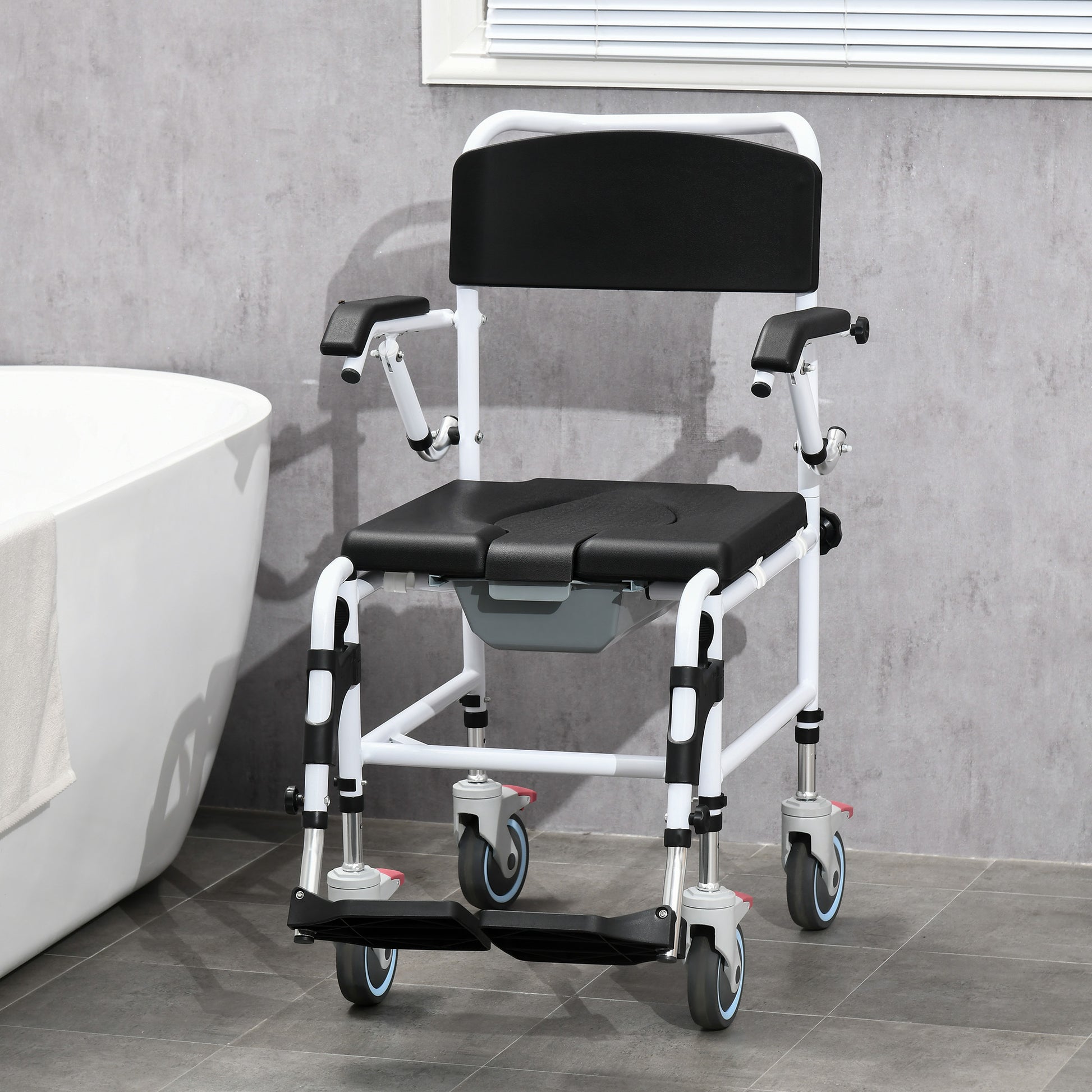 Accessibility Commode Wheelchair, Rolling Shower Wheelchair With 4 Castor Wheels, Rectangle Detachable Bucket, & Waterproof Design, 17" Seat Width, Black Black Pu Leather