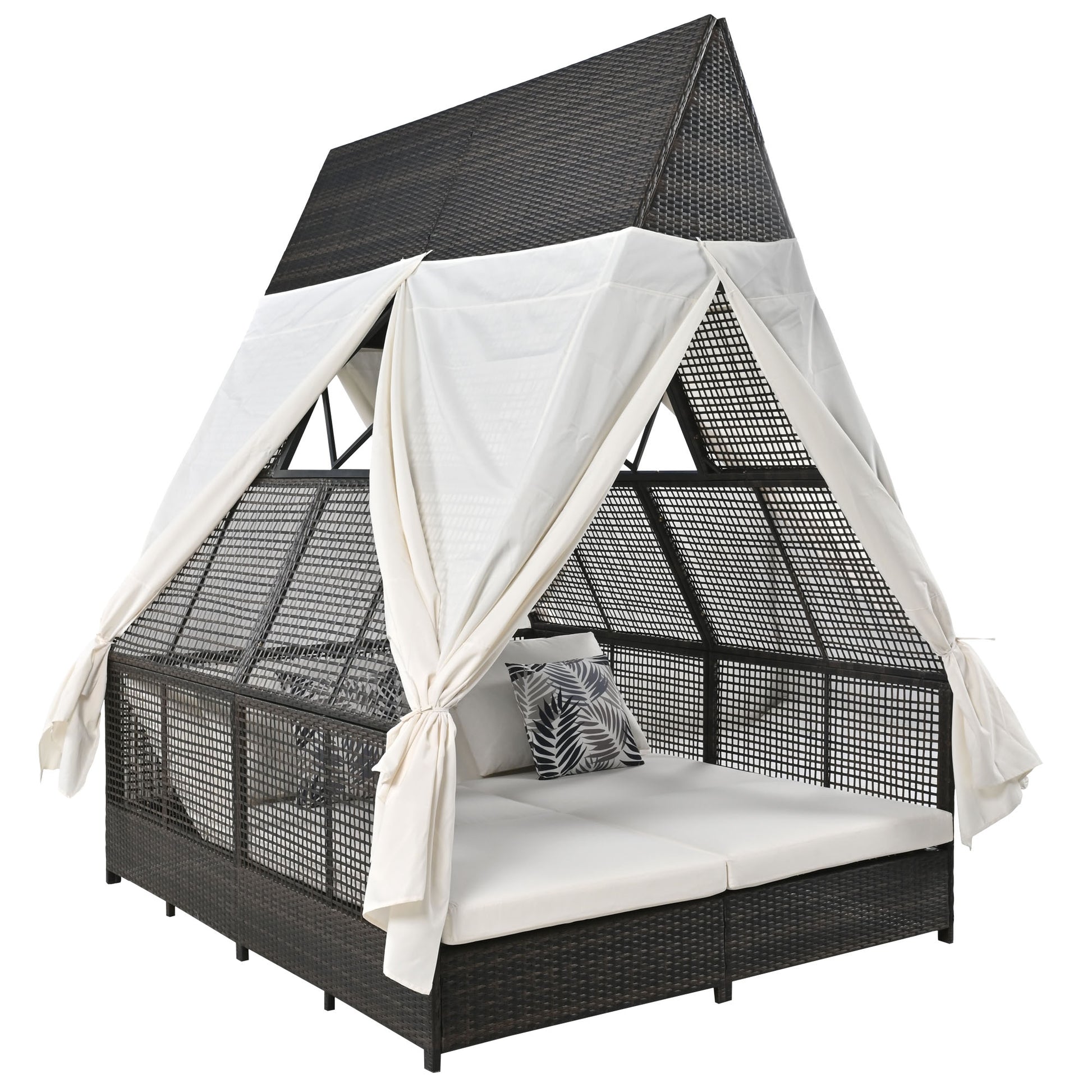 Outdoor Daybed Patio Lounge Bed With Adjustable Backrest Outdoor Double Sun Lounger With Curtains, 4 Pillows For Garden Patio Poolside Balcony Beach, Cream Yes Cream Water Resistant Frame Water Resistant Cushion Garden & Outdoor Sectional Seating Groups