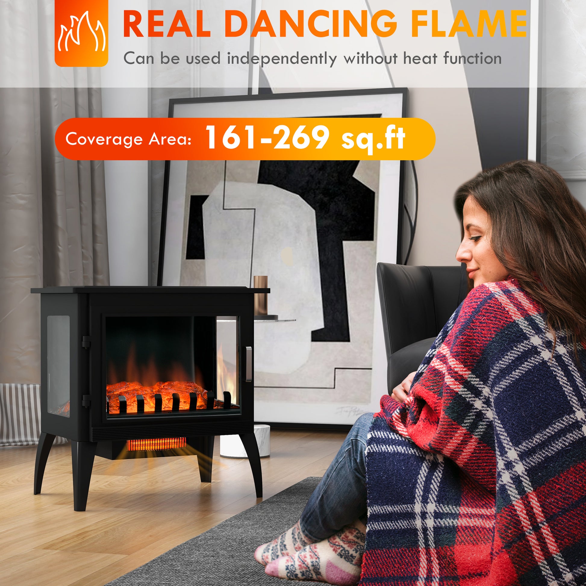 24" Electric Fireplace Stove, Freestanding Infrared Fire Place Heater With Realistic Logs Flame, Adjustable Temperature, Overheat Protection, 1000W 1500W, Black Black Abs