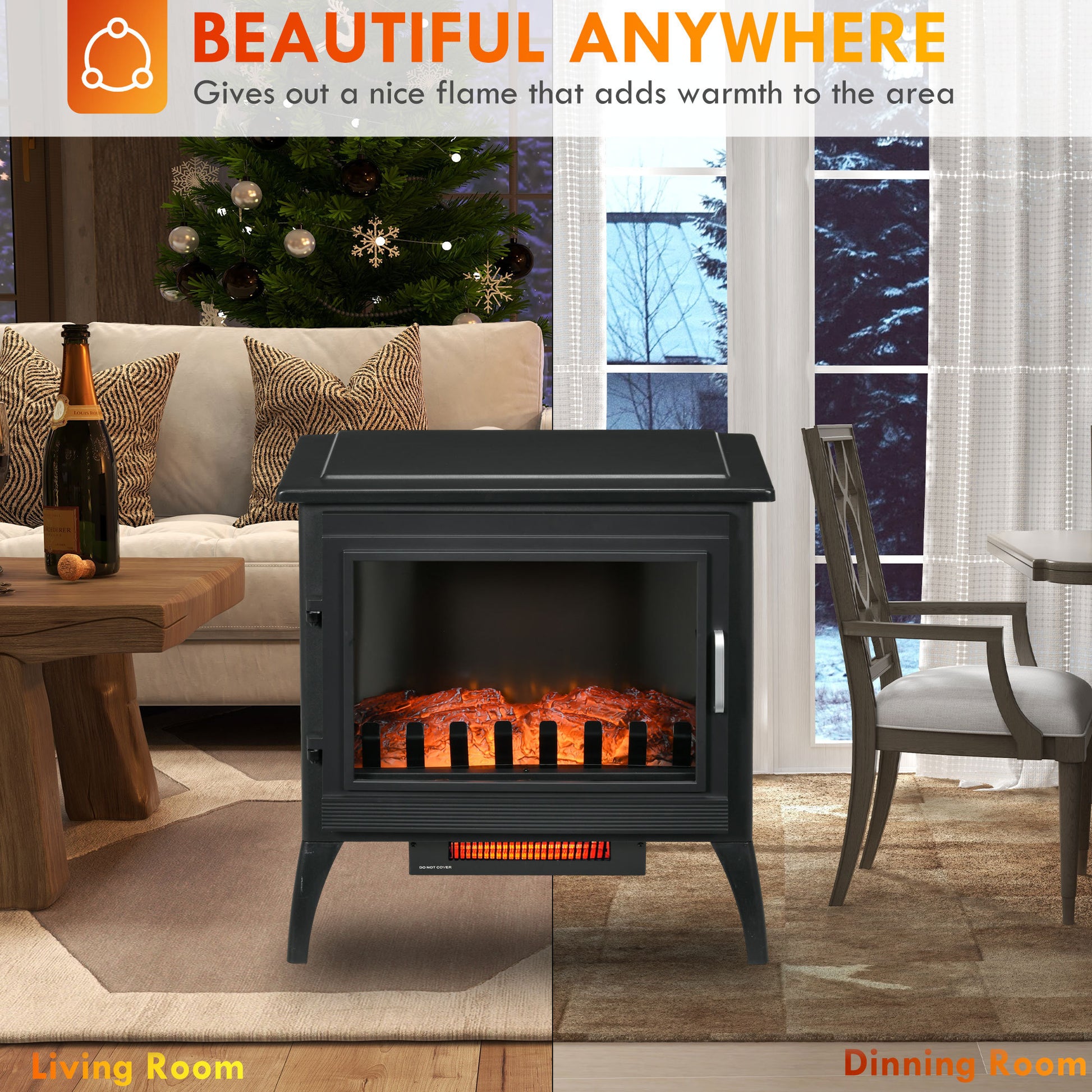 24" Electric Fireplace Stove, Freestanding Infrared Fire Place Heater With Realistic Logs Flame, Adjustable Temperature, Overheat Protection, 1000W 1500W, Black Black Abs