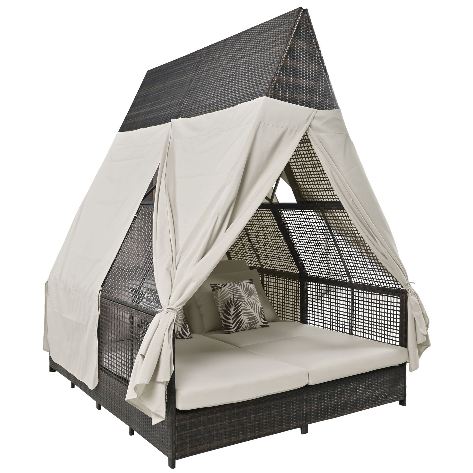 Outdoor Daybed Patio Lounge Bed With Adjustable Backrest Outdoor Double Sun Lounger With Curtains, 4 Pillows For Garden Patio Poolside Balcony Beach, Beige Yes Beige Water Resistant Frame Water Resistant Cushion Garden & Outdoor Sectional Seating Groups