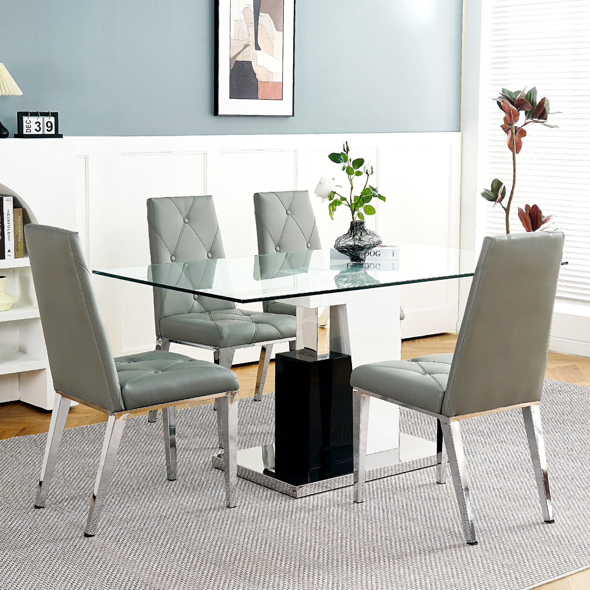 Modern Style Glass Table, Elegant Transparent Design, Durable Support Base, Solid, Selected Materials Made Of Furniture Display Fashion, Suitable For The Living Room Set Of 5 Grey Silver Seats 4 Mdf Glass