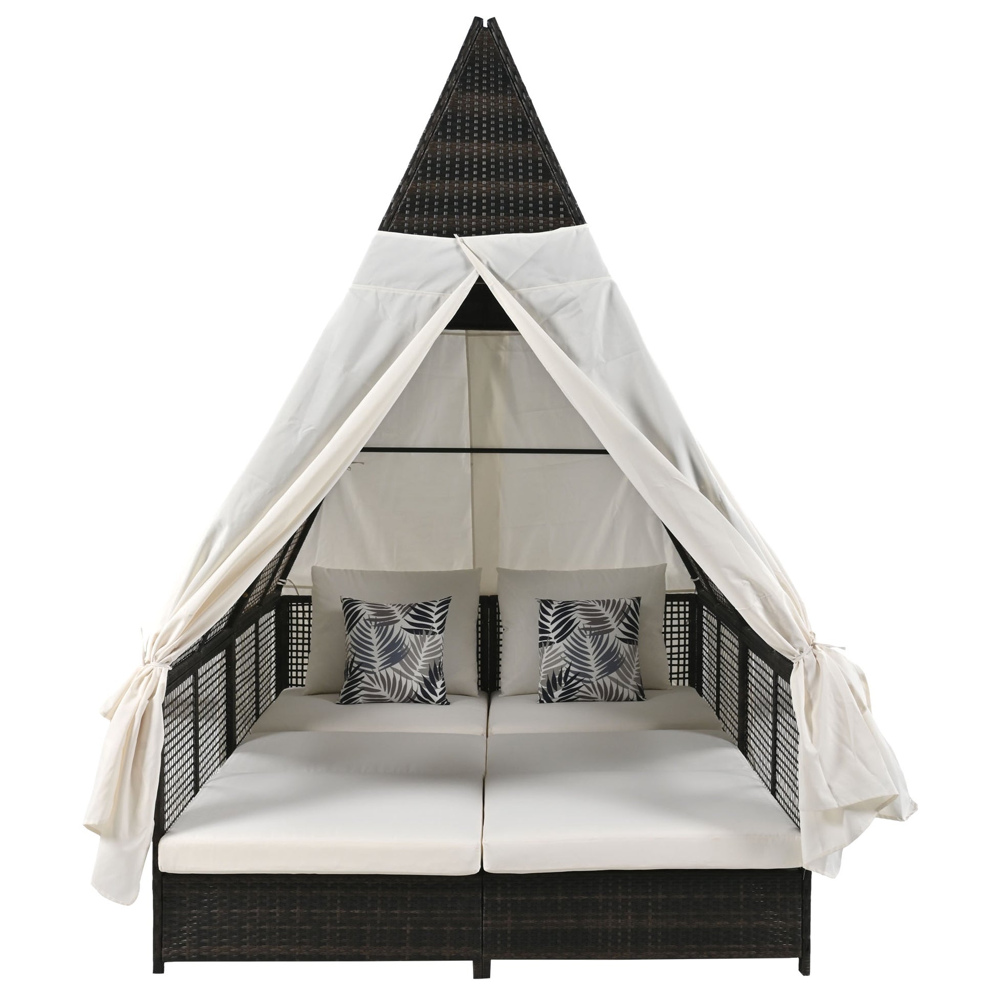 Outdoor Daybed Patio Lounge Bed With Adjustable Backrest Outdoor Double Sun Lounger With Curtains, 4 Pillows For Garden Patio Poolside Balcony Beach, Cream Yes Cream Water Resistant Frame Water Resistant Cushion Garden & Outdoor Sectional Seating Groups