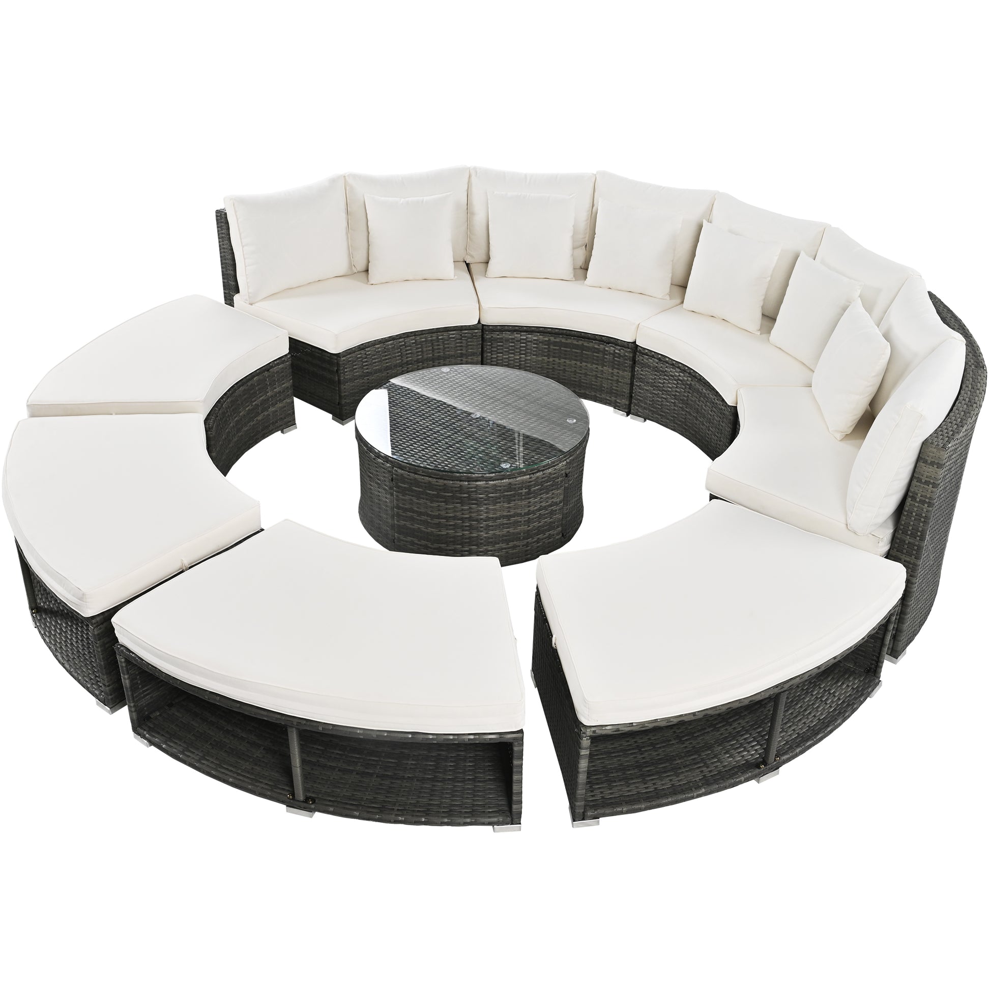 Outdoor Patio Furniture Luxury Circular Outdoor Sofa Set Rattan Wicker Sectional Sofa Lounge Set With Tempered Glass Coffee Table, 6 Pillows,Beige Yes Beige Water Resistant Frame Water Resistant Cushion Garden & Outdoor Sectional Seating Groups Foam