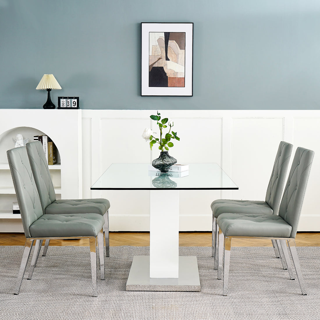 Modern Style Glass Table, Elegant Transparent Design, Durable Support Base, Solid, Selected Materials Made Of Furniture Display Fashion, Suitable For The Living Room Set Of 5 Grey Silver Seats 4 Mdf Glass