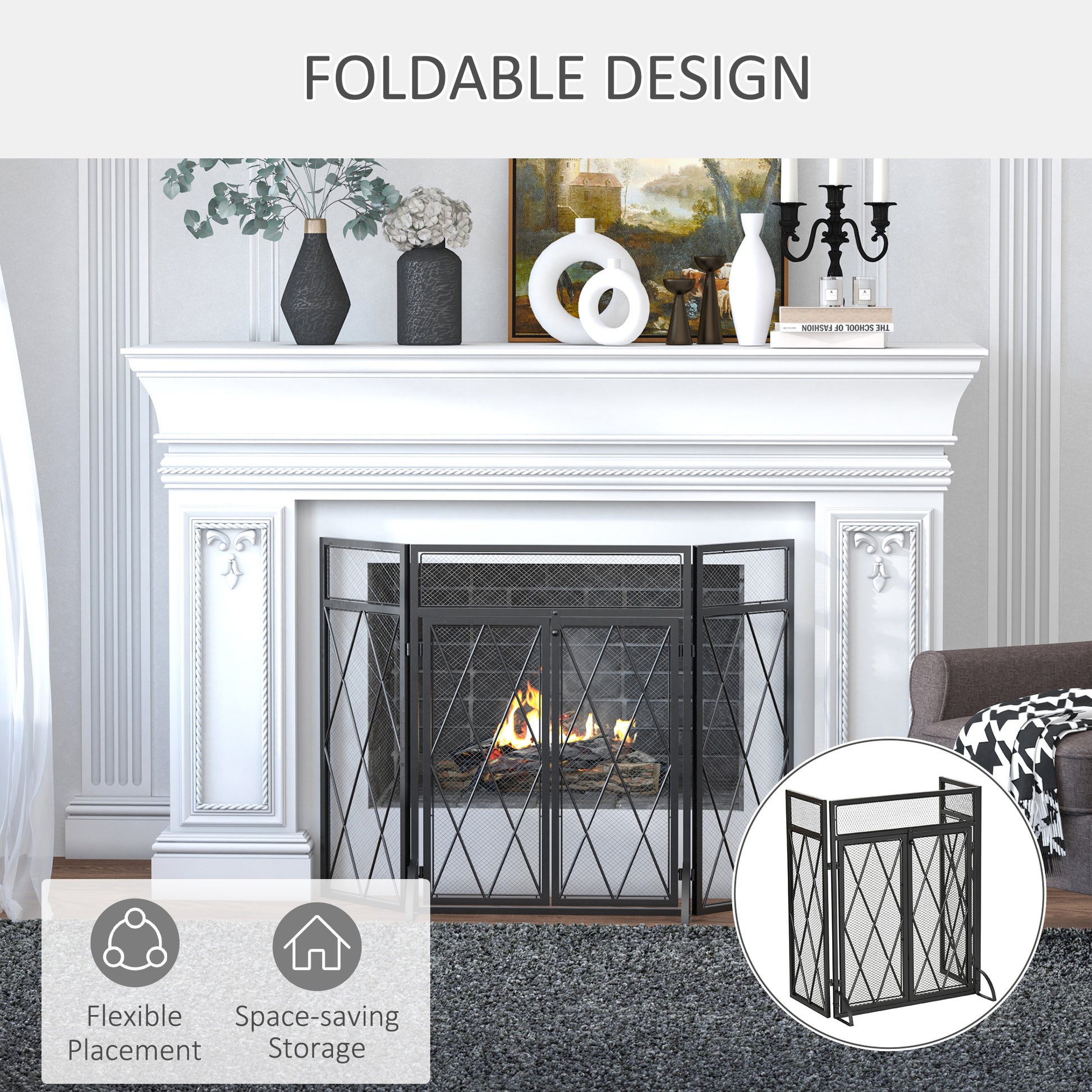 3 Panel Folding Fireplace Screen For Wood Burning With Double Doors, Home Heavy Duty Steel Fire Spark Guard, 47.25" X 31", Black Black Steel