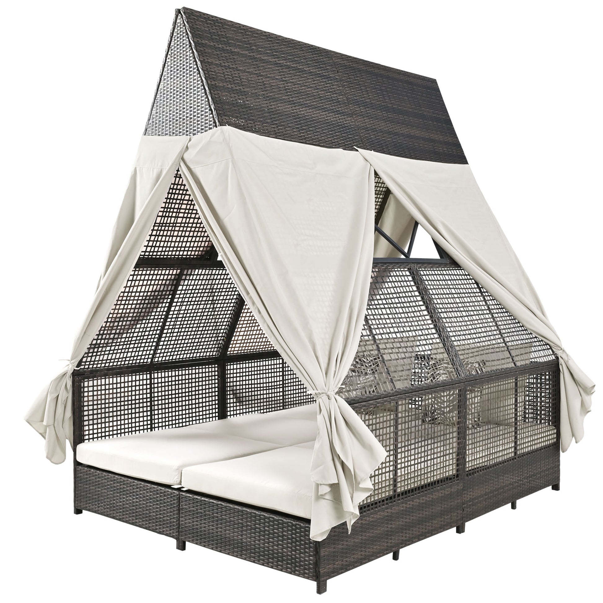 Outdoor Daybed Patio Lounge Bed With Adjustable Backrest Outdoor Double Sun Lounger With Curtains, 4 Pillows For Garden Patio Poolside Balcony Beach, Beige Yes Beige Water Resistant Frame Water Resistant Cushion Garden & Outdoor Sectional Seating Groups