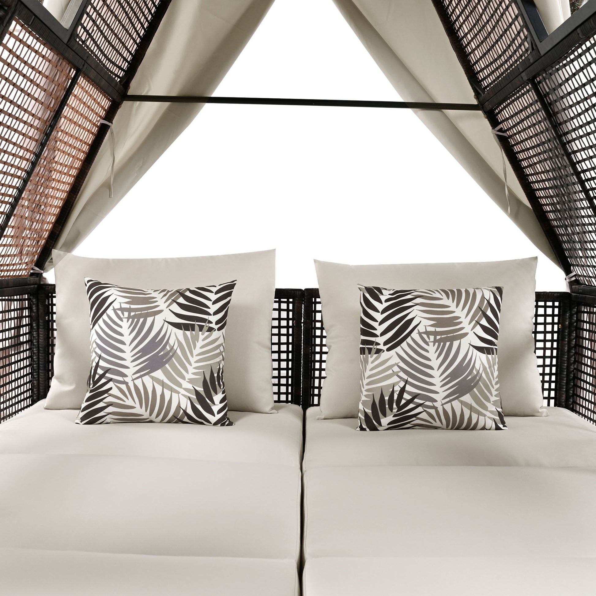 Outdoor Daybed Patio Lounge Bed With Adjustable Backrest Outdoor Double Sun Lounger With Curtains, 4 Pillows For Garden Patio Poolside Balcony Beach, Beige Yes Beige Water Resistant Frame Water Resistant Cushion Garden & Outdoor Sectional Seating Groups