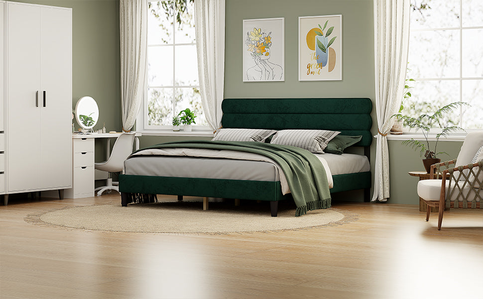 King Bed Frame With Headboard,Sturdy Platform Bed With Wooden Slats Support,No Box Spring,Mattress Foundation,Easy Assembly Green Green Wood