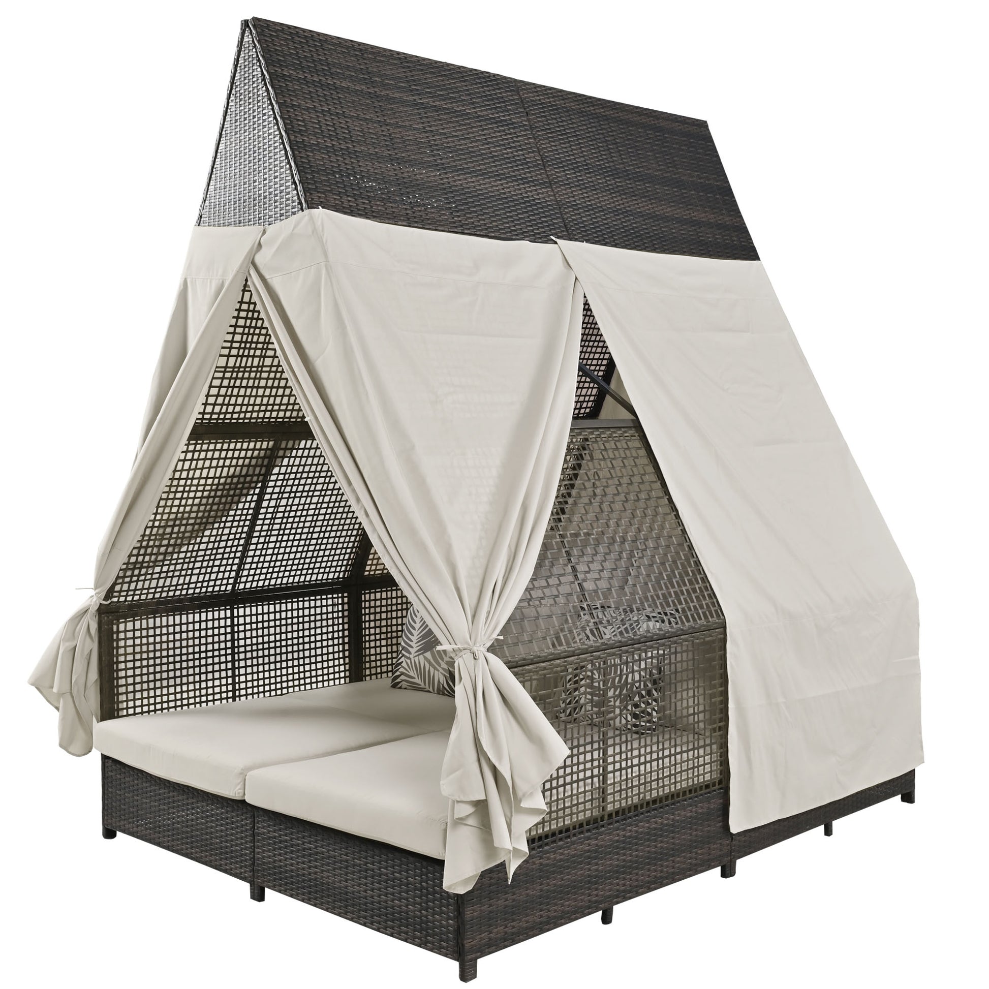 Outdoor Daybed Patio Lounge Bed With Adjustable Backrest Outdoor Double Sun Lounger With Curtains, 4 Pillows For Garden Patio Poolside Balcony Beach, Beige Yes Beige Water Resistant Frame Water Resistant Cushion Garden & Outdoor Sectional Seating Groups