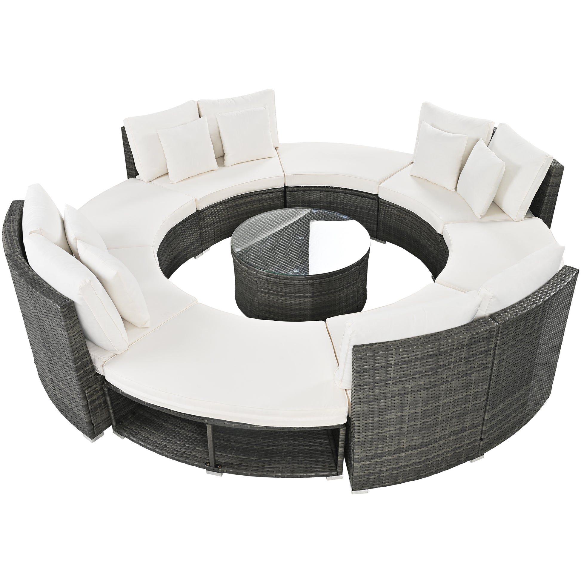 Outdoor Patio Furniture Luxury Circular Outdoor Sofa Set Rattan Wicker Sectional Sofa Lounge Set With Tempered Glass Coffee Table, 6 Pillows,Beige Yes Beige Water Resistant Frame Water Resistant Cushion Garden & Outdoor Sectional Seating Groups Foam