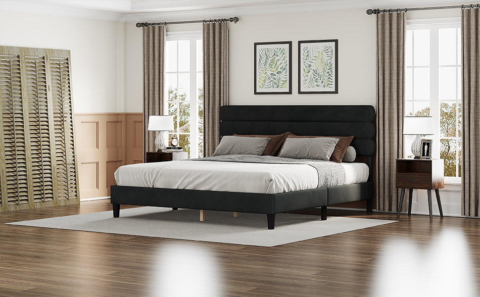 King Bed Frame With Headboard,Sturdy Platform Bed With Wooden Slats Support,No Box Spring,Mattress Foundation,Easy Assembly Dark Grey Dark Grey Wood