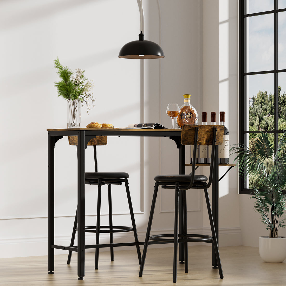Wood Top Metal Base Side Table Industrial Bar Table With Two Chair Adjustable Table Base Bistro Whiskey Pub Table,47.44"W X 15.75"D X 35.43"H Metal Wood Antique Brown Seats 2 Metal Dining Room Square Metal & Wood