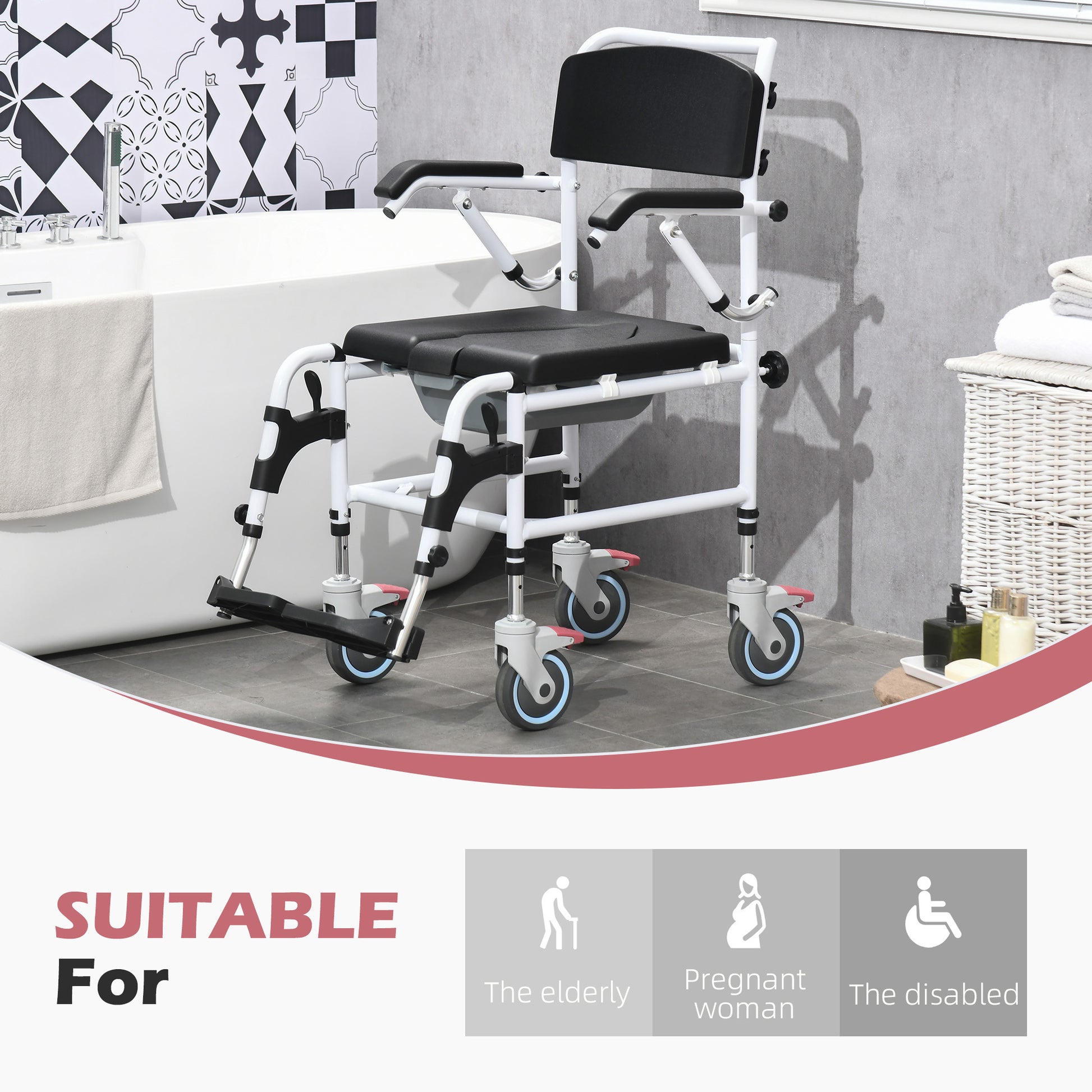 Accessibility Commode Wheelchair, Rolling Shower Wheelchair With 4 Castor Wheels, Rectangle Detachable Bucket, & Waterproof Design, 17" Seat Width, Black Black Pu Leather