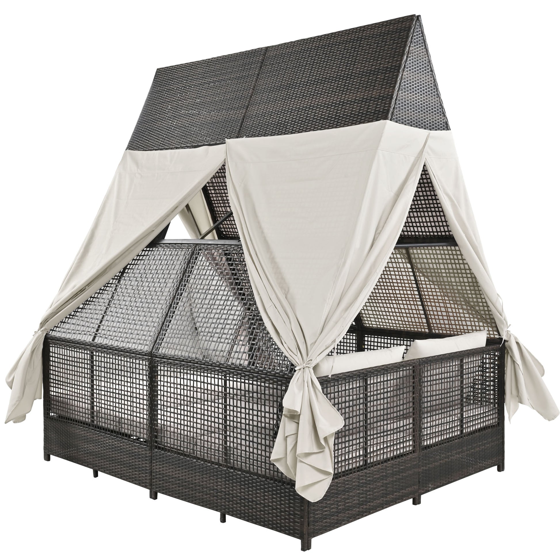 Outdoor Daybed Patio Lounge Bed With Adjustable Backrest Outdoor Double Sun Lounger With Curtains, 4 Pillows For Garden Patio Poolside Balcony Beach, Beige Yes Beige Water Resistant Frame Water Resistant Cushion Garden & Outdoor Sectional Seating Groups